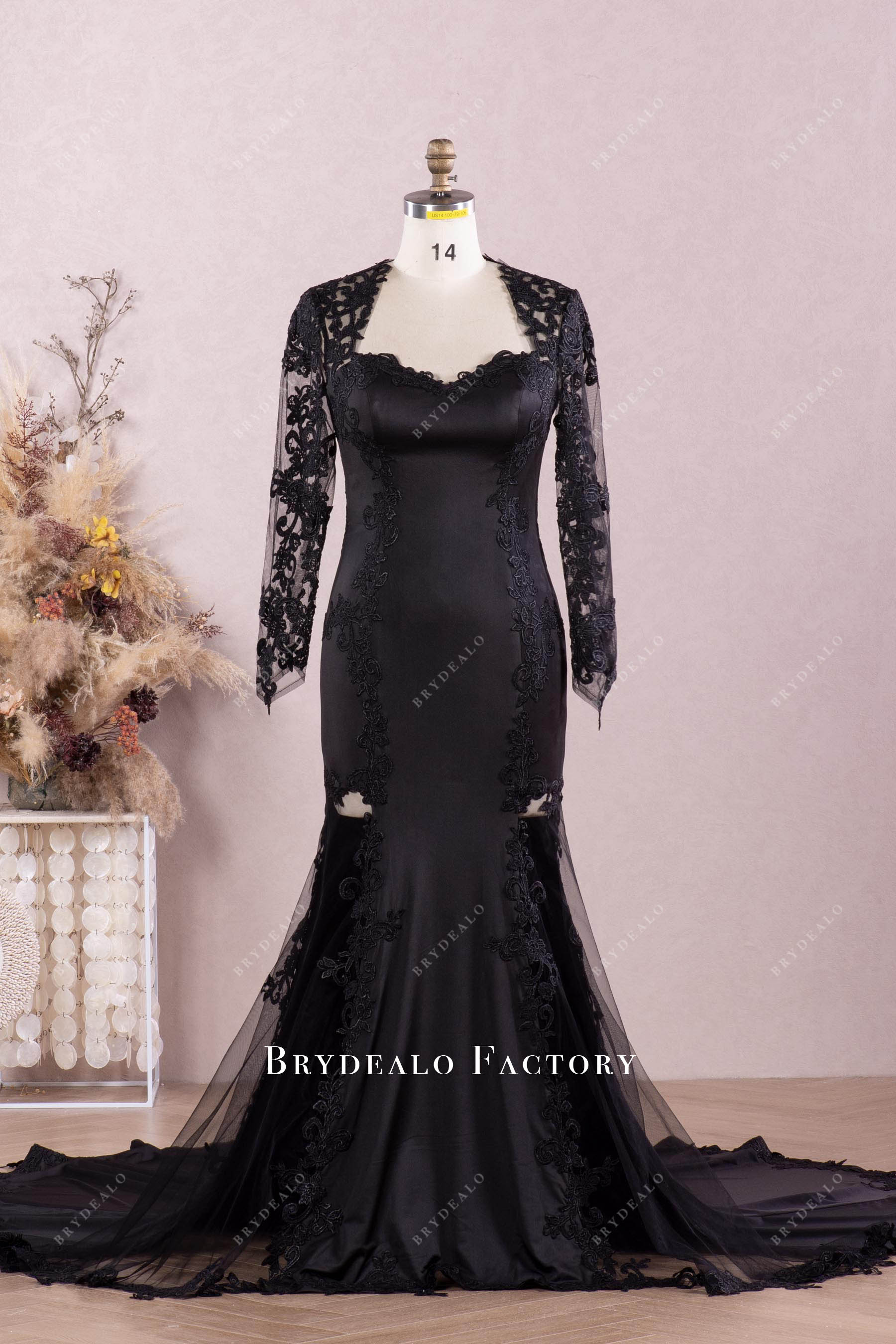 black long sleeve mermaid wedding dress Black Queen Anne Neck Lace Sleeve Illusion Cutout Mermaid Wedding Dress Light Ivory