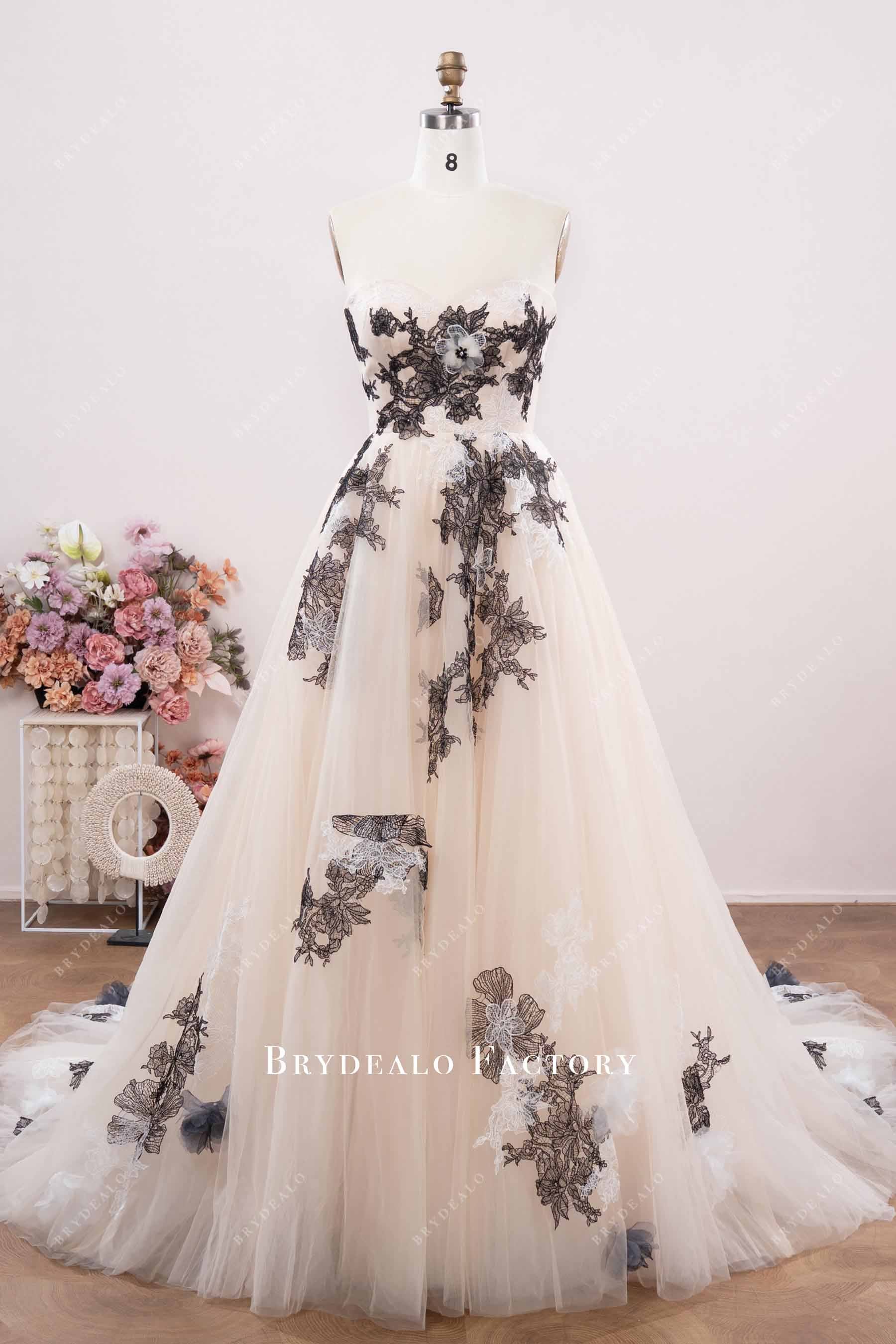 black lace nude tulle wedding dress