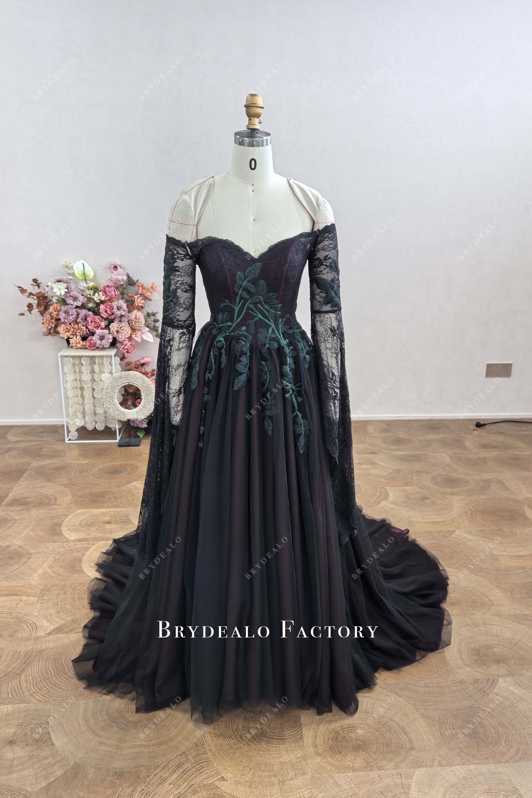 black lace off shoulder wedding dress