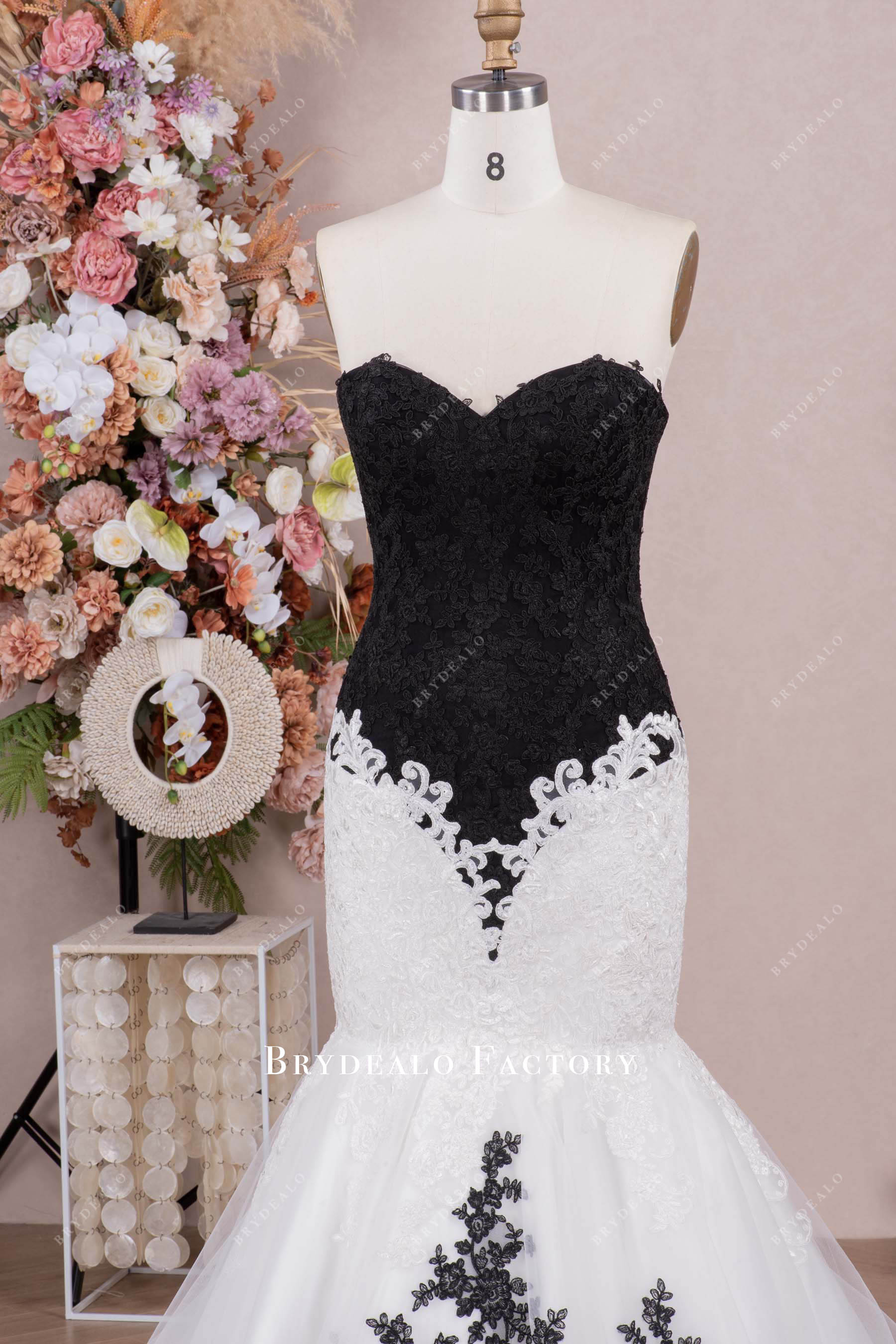 black lace strapless sweetheart wedding dress