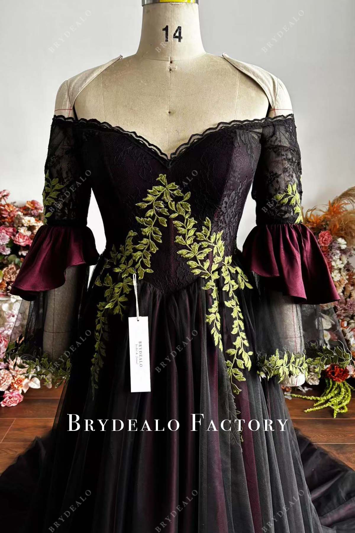 black lace sweetheart neck dark red wedding dress