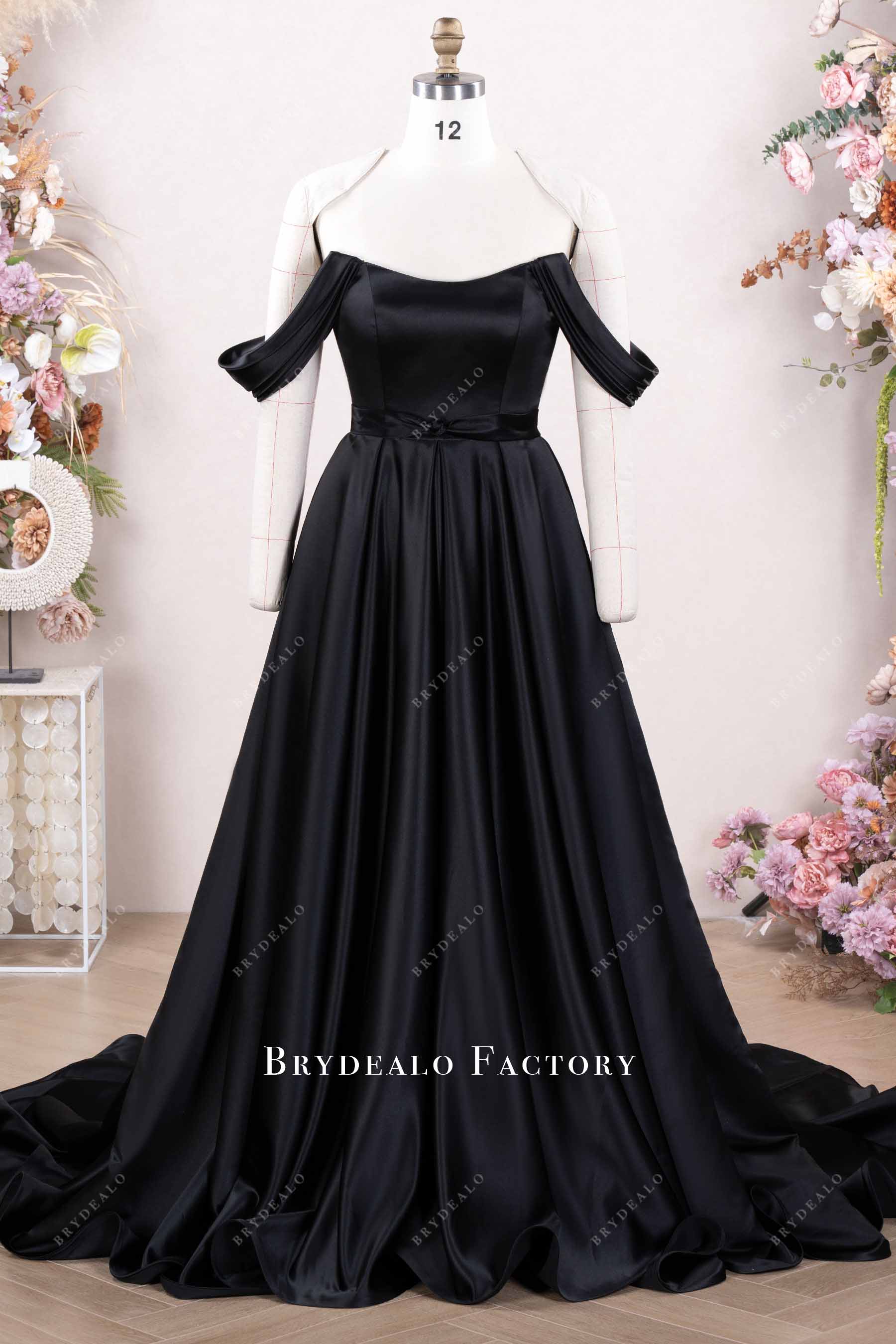 black off-shoulder satin wedding dress