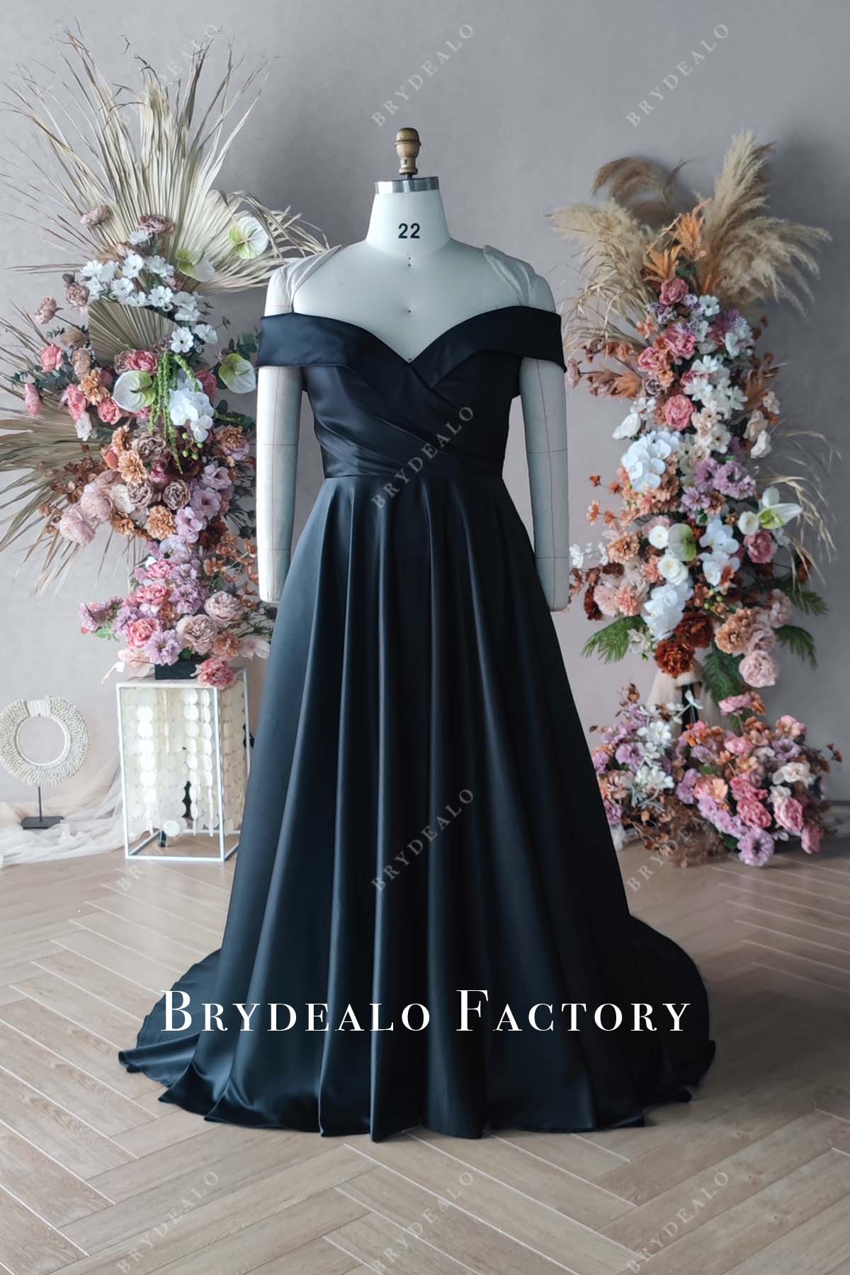 Private Label Custom Black Satin Off Shoulder Cover Wedding Dress Ivory Private Label Custom Black Satin Off Shoulder Cover Wedding Dress Ivory
