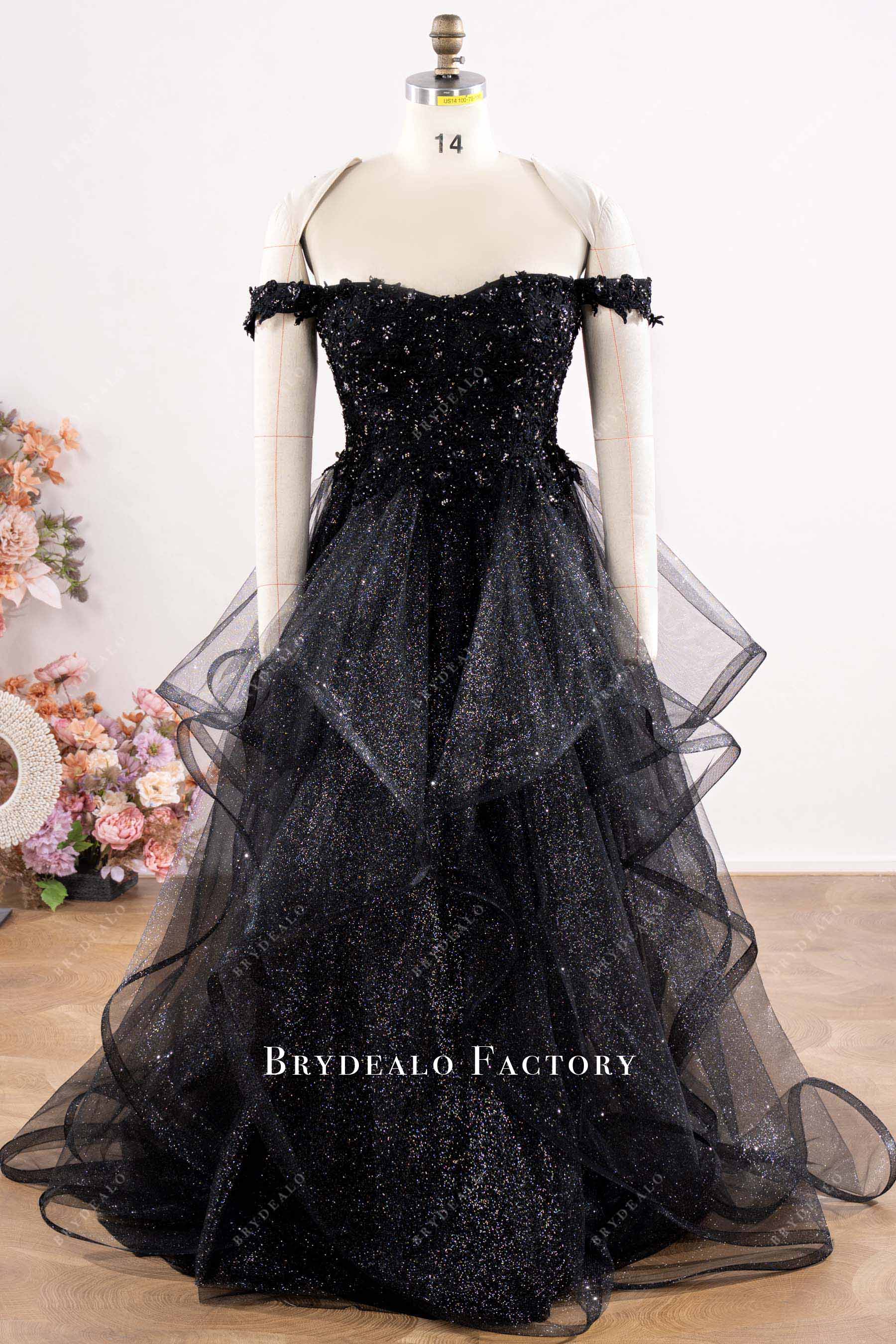 Black Shimmery Beaded Off Shoulder Lace Up Back Wedding Dress Black Shimmery Beaded Off Shoulder Lace Up Back Wedding Dress