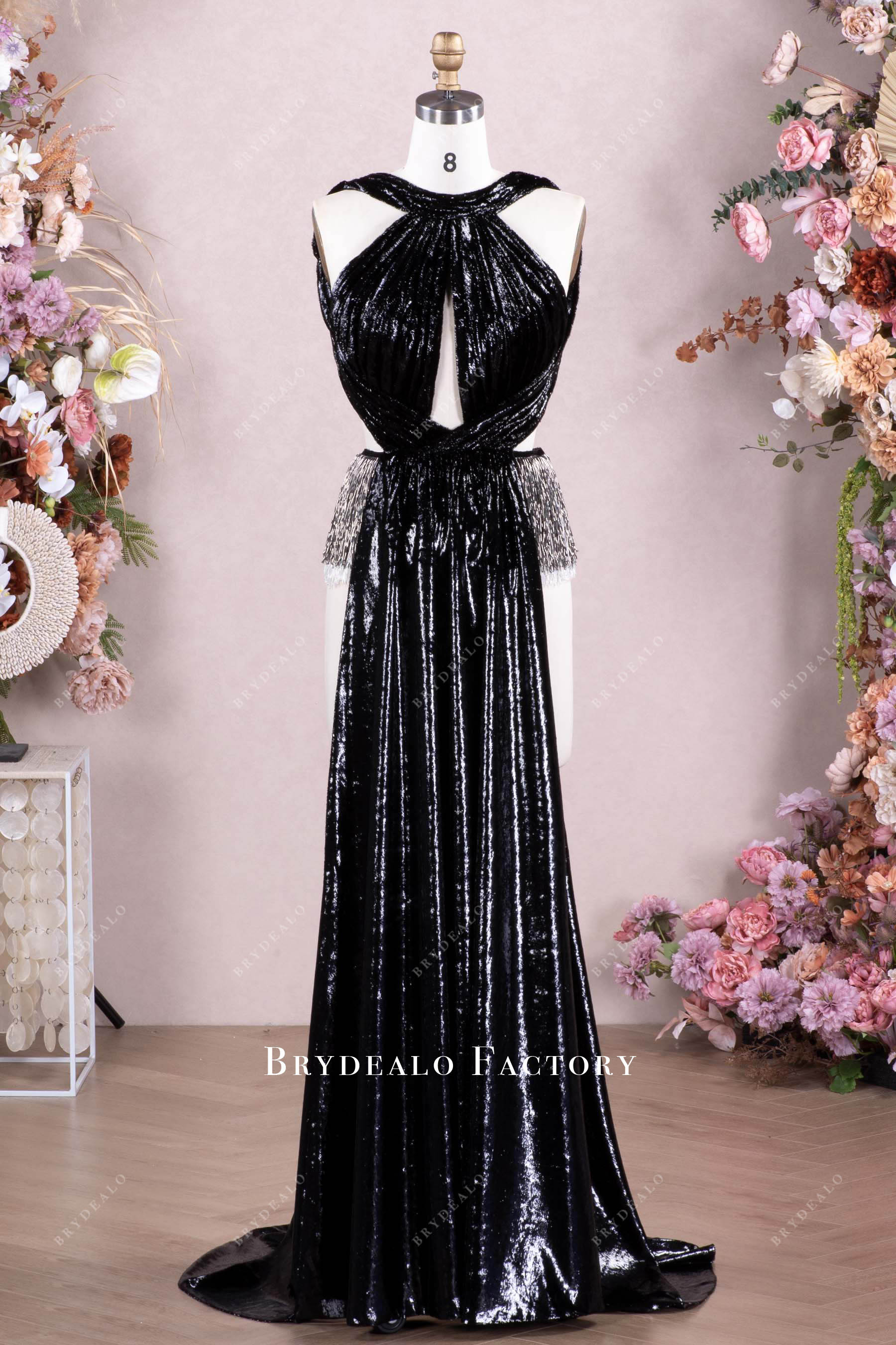 Sexy Black Silk Velvet Halter Open Back Tassels Party Dress Sexy Black Silk Velvet Halter Open Back Tassels Party Dress