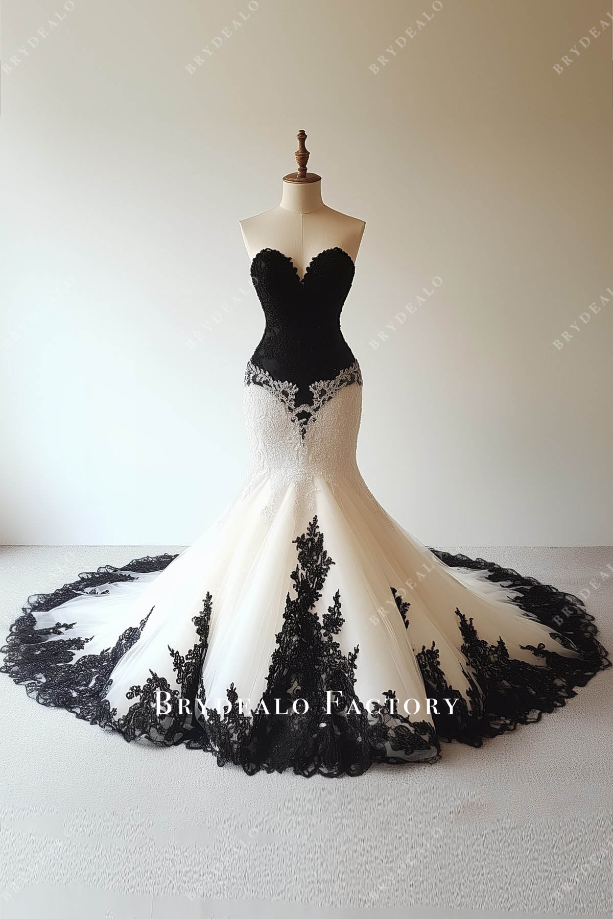 Unique Black White Lace Mermaid Lace Wedding Dress, image size:1200x1800