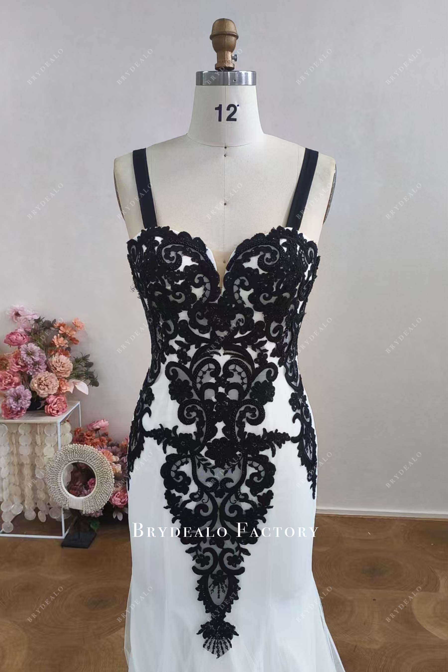 black wide straps white sleeveless wedding dress