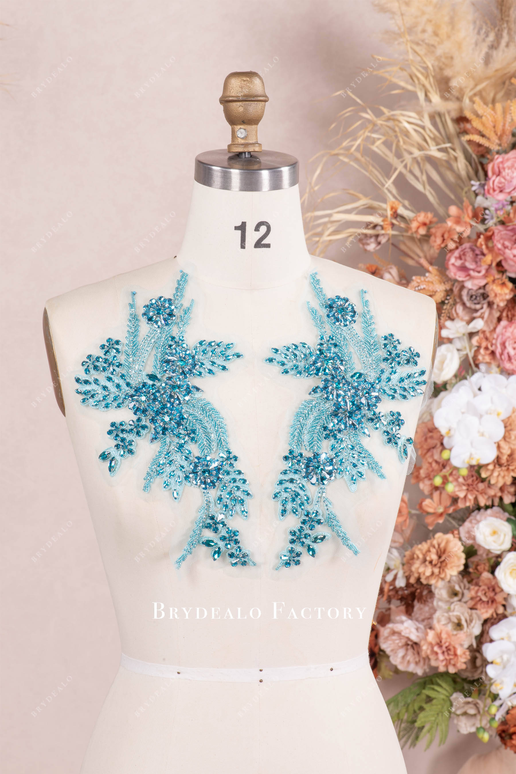 Sparkly Blue Hand-Sewn Rhinestone Lace Appliques