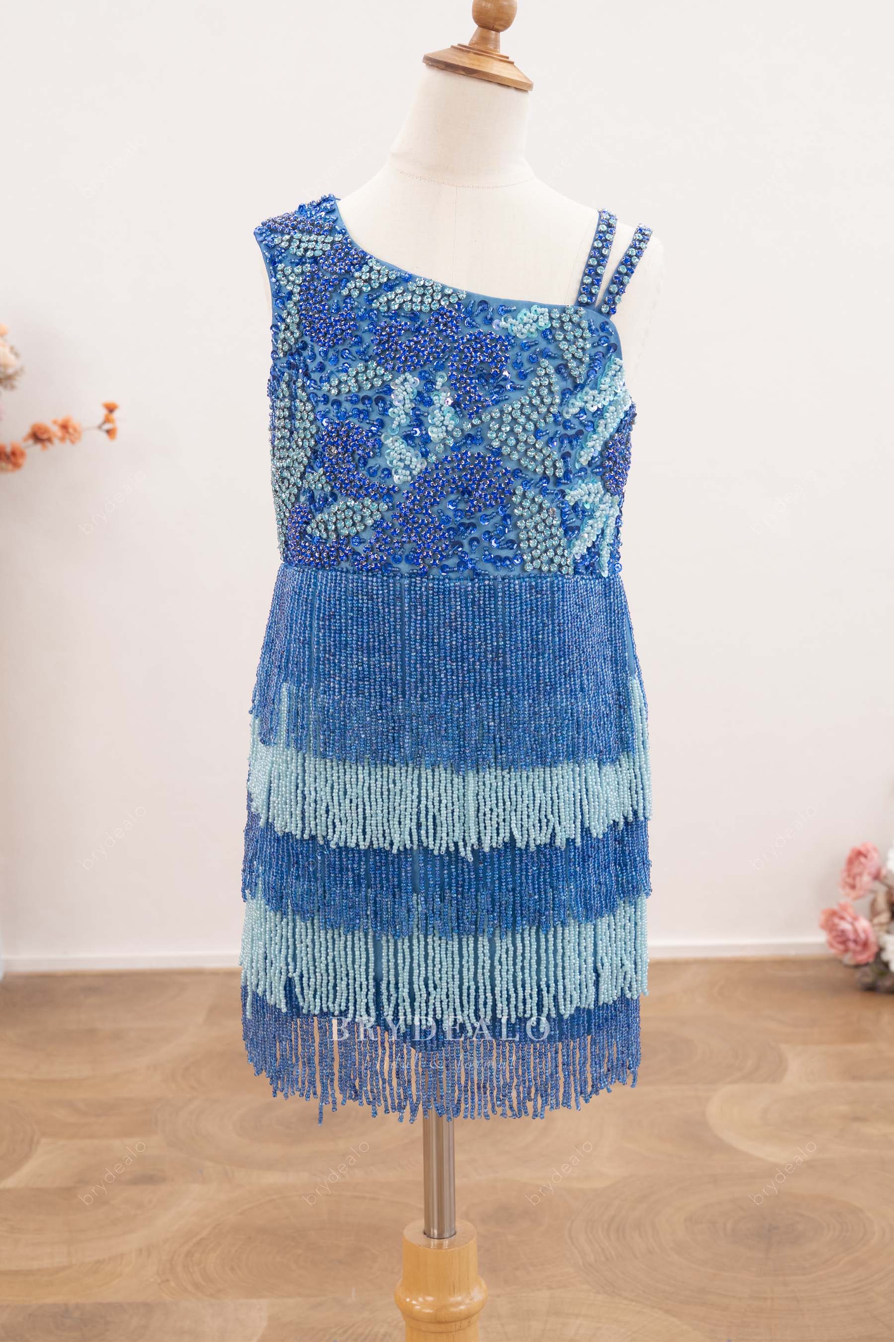 blue short beaded tassel sheath kids pageant dress
