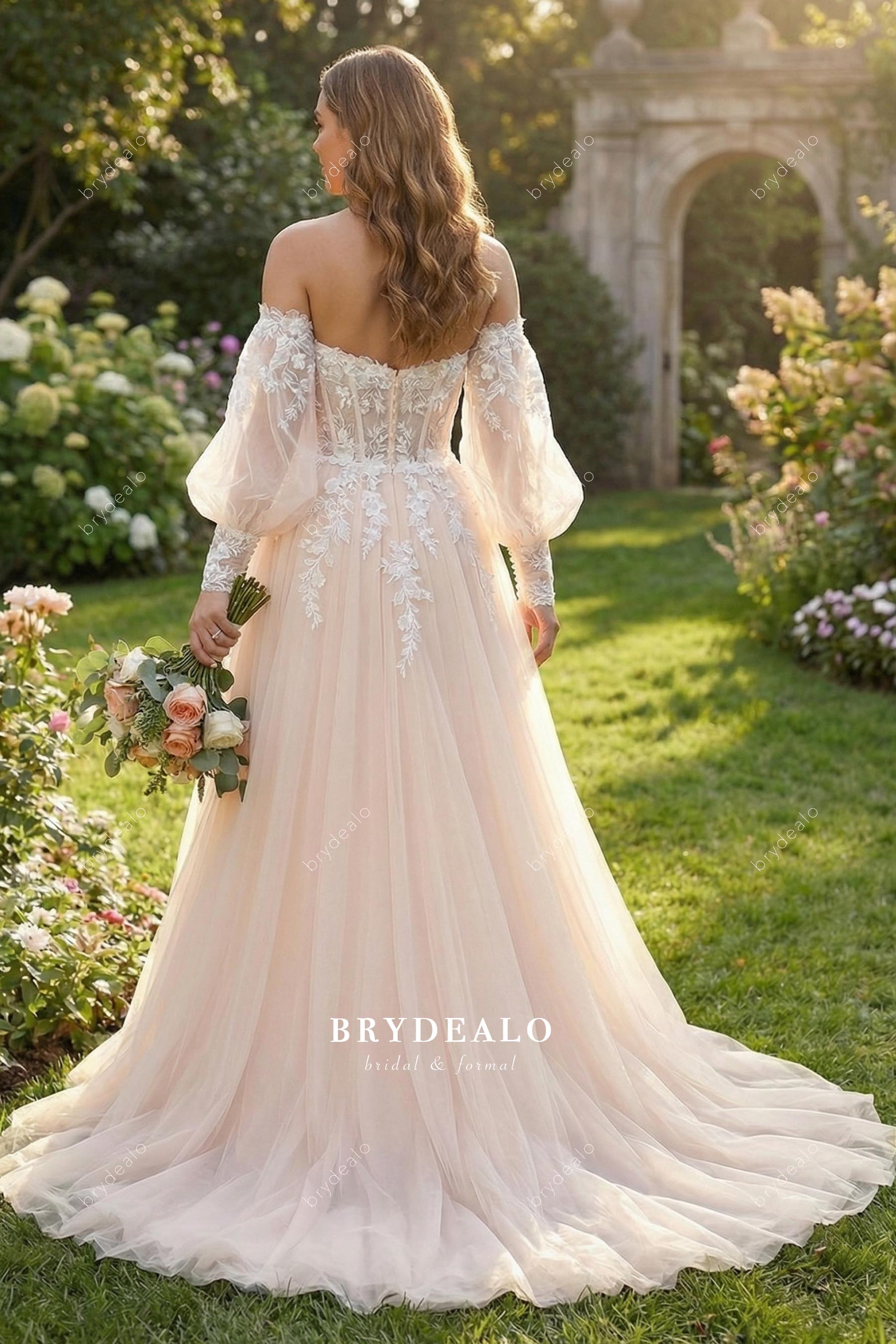 blush pink a line court train wedding dress
