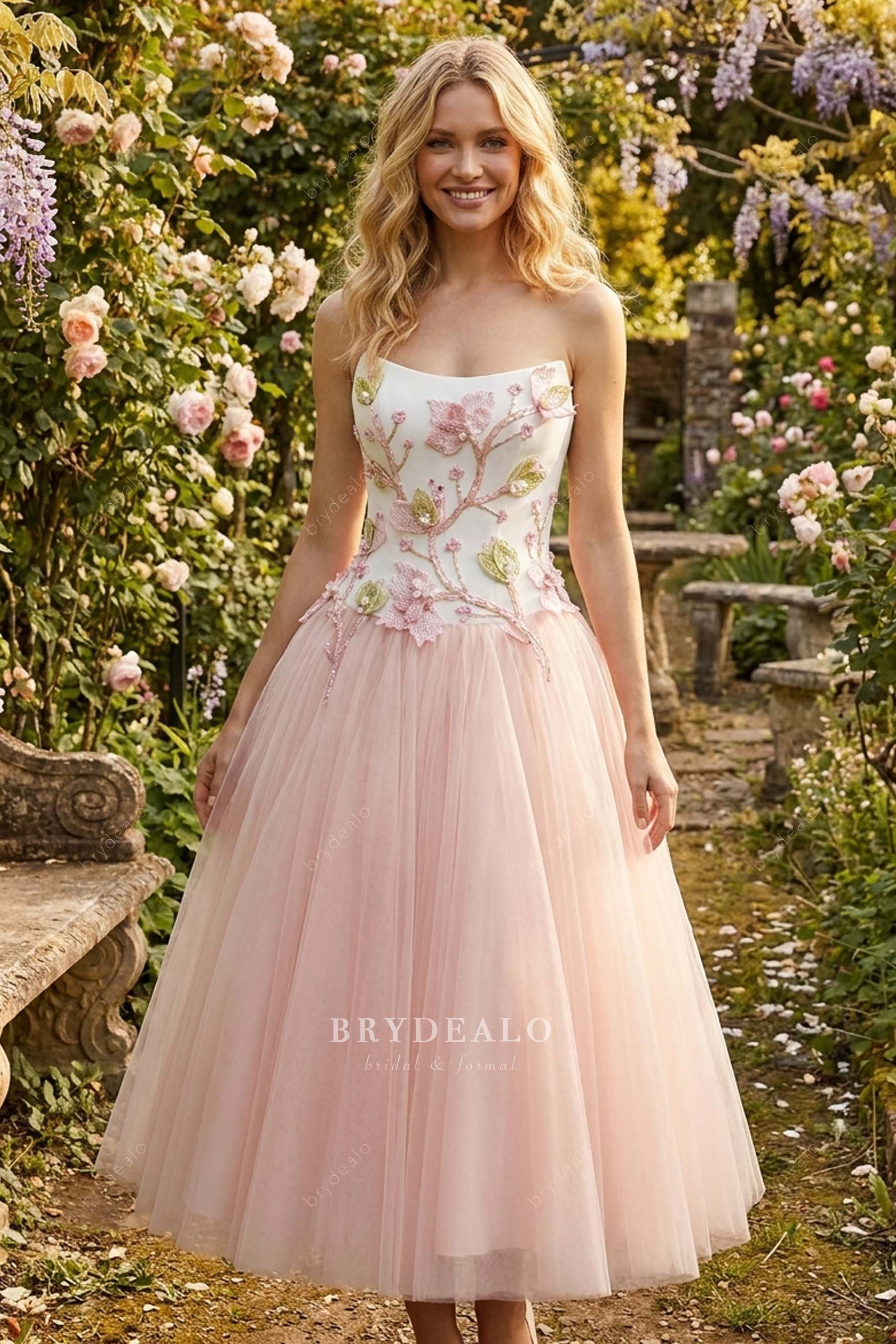 blush pink tea-length wedding dress