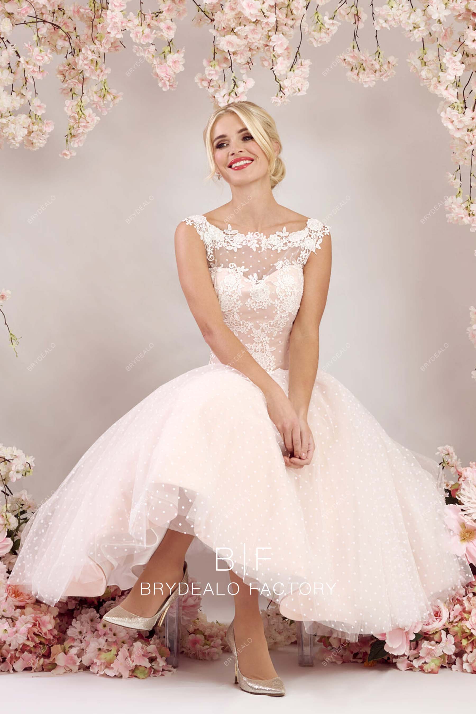 blush pink spot dot tulle chic bridal dress