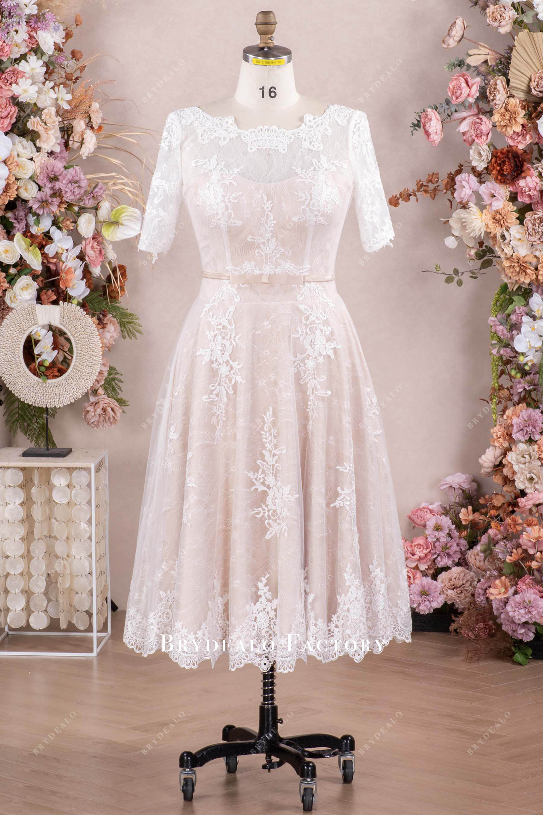 Vintage Sleeved Tea Length Lace Wedding Dress Blushing Pink Vintage Sleeved Tea Length Lace Wedding Dress Blushing Pink