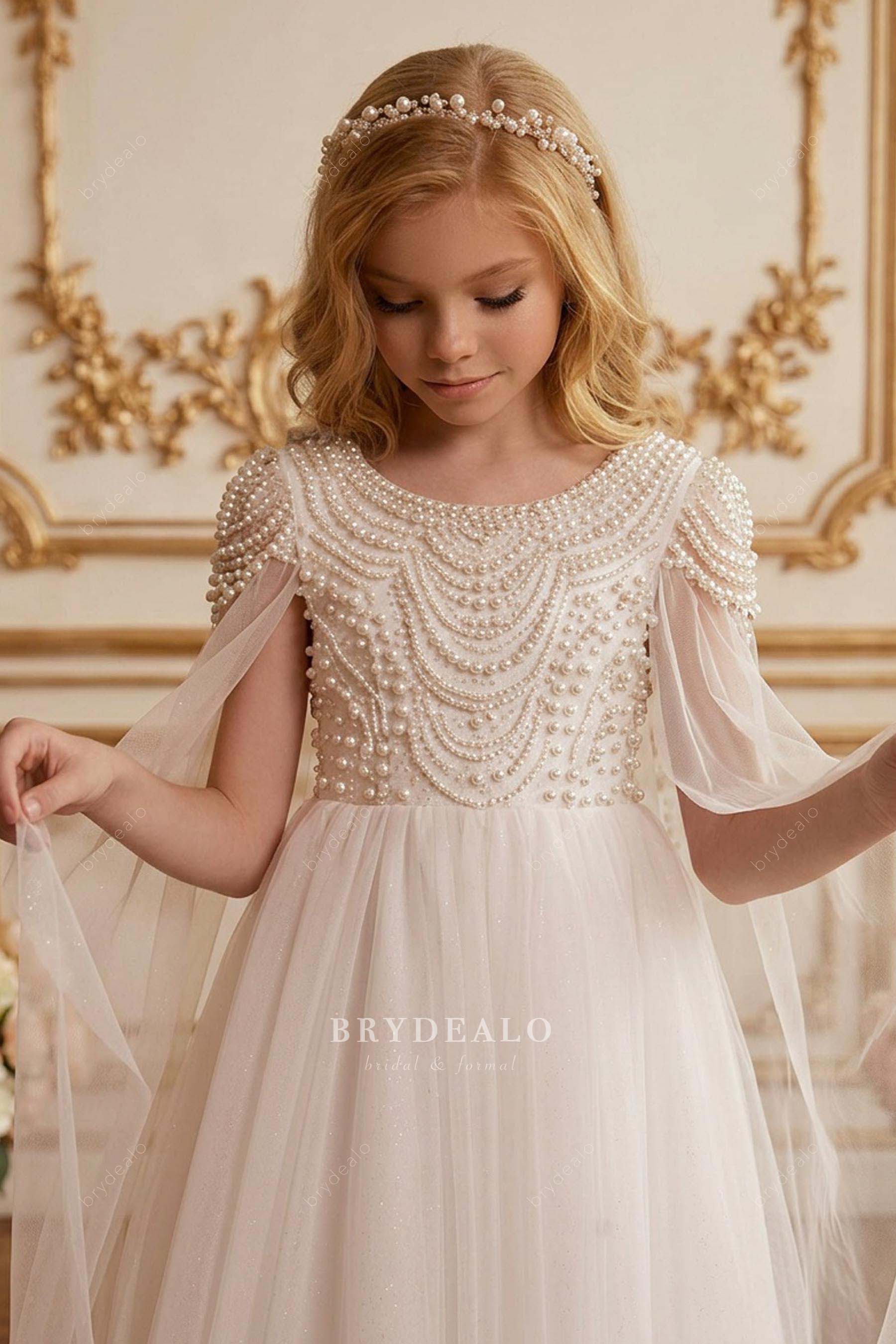 boat neck pearl little girl formal dress