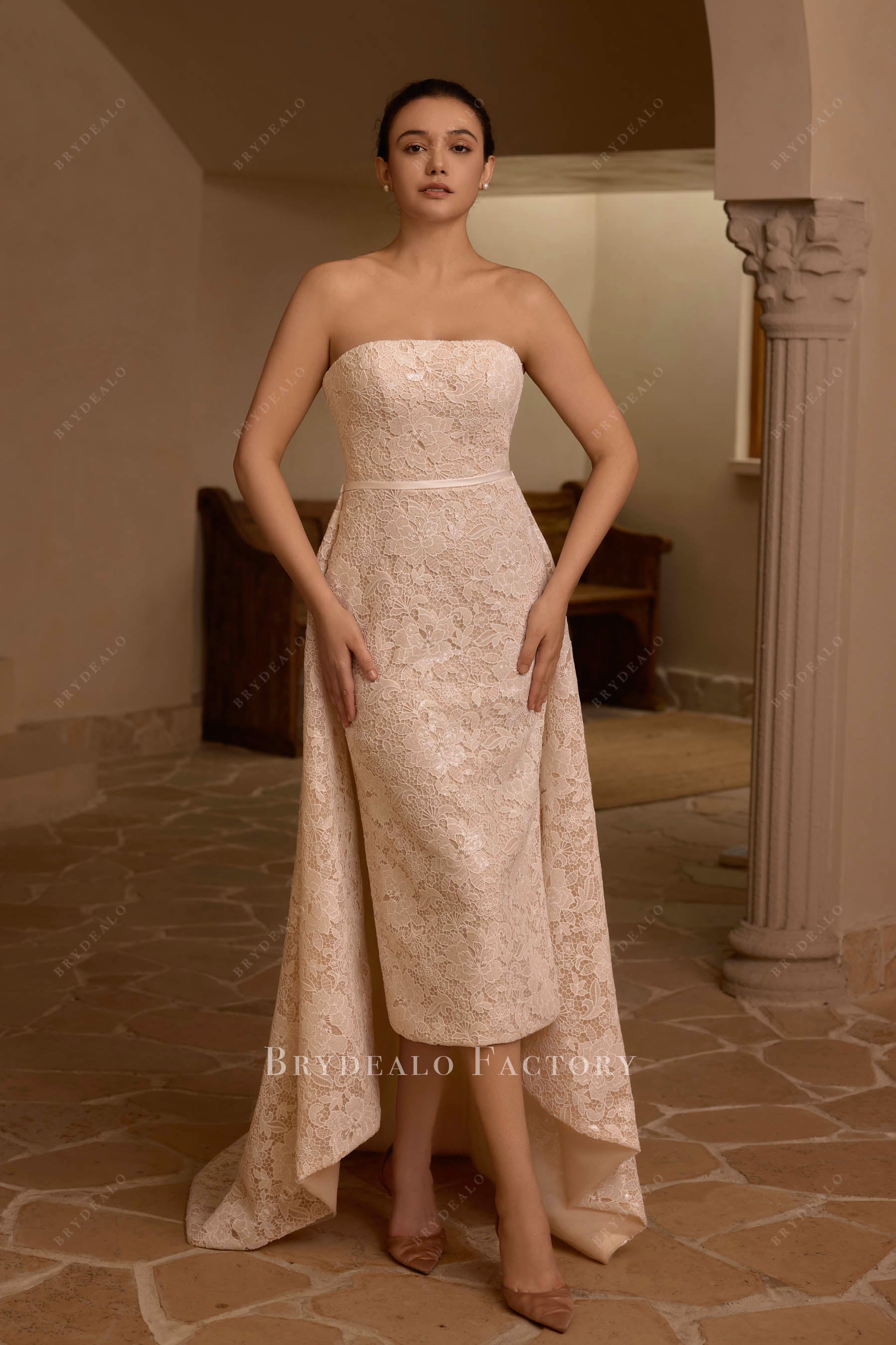 Champagne Shimmery Lace Bodycon Wedding Dress Overskirt Light Ivory