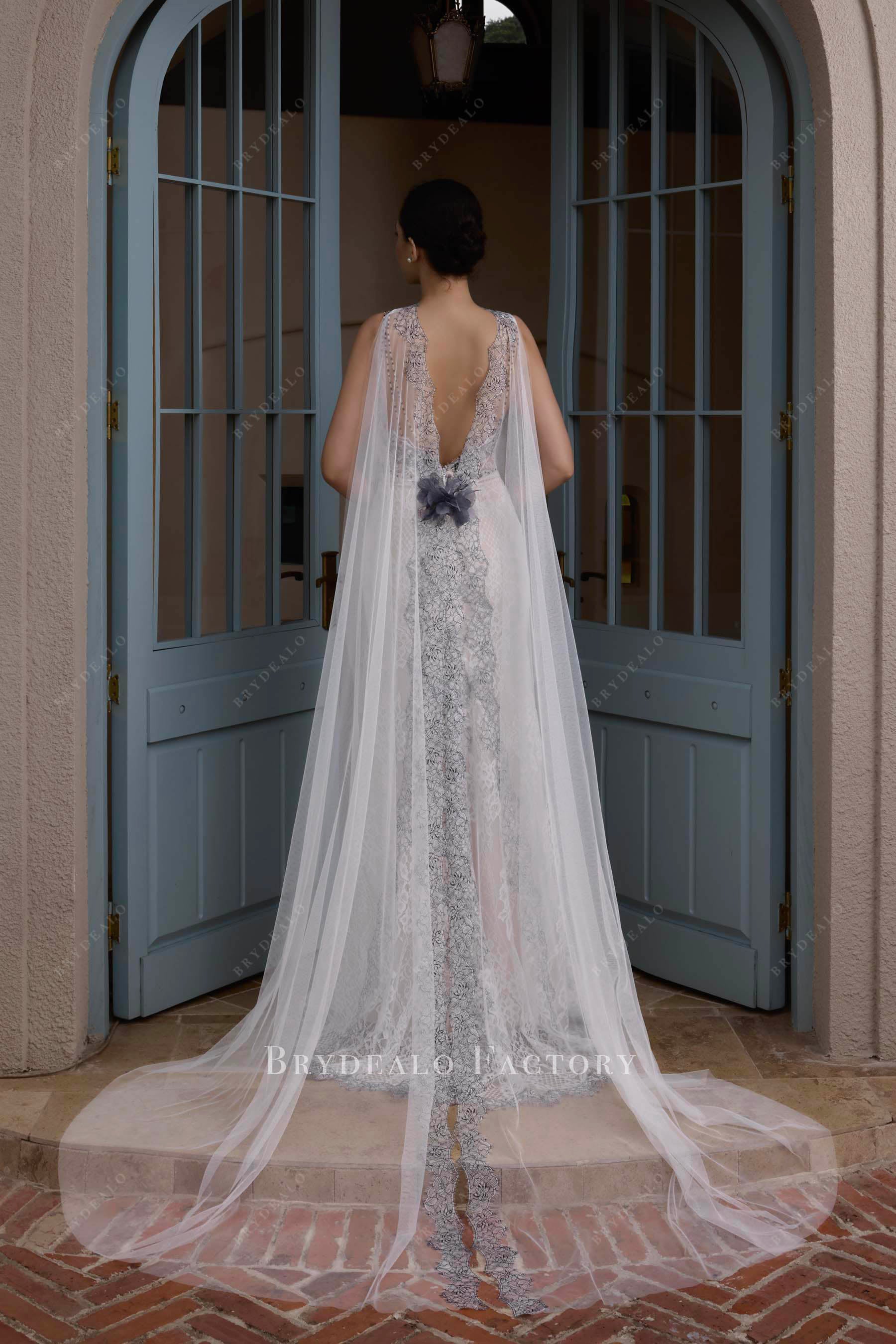 bohemian lace tulle cape wedding dress