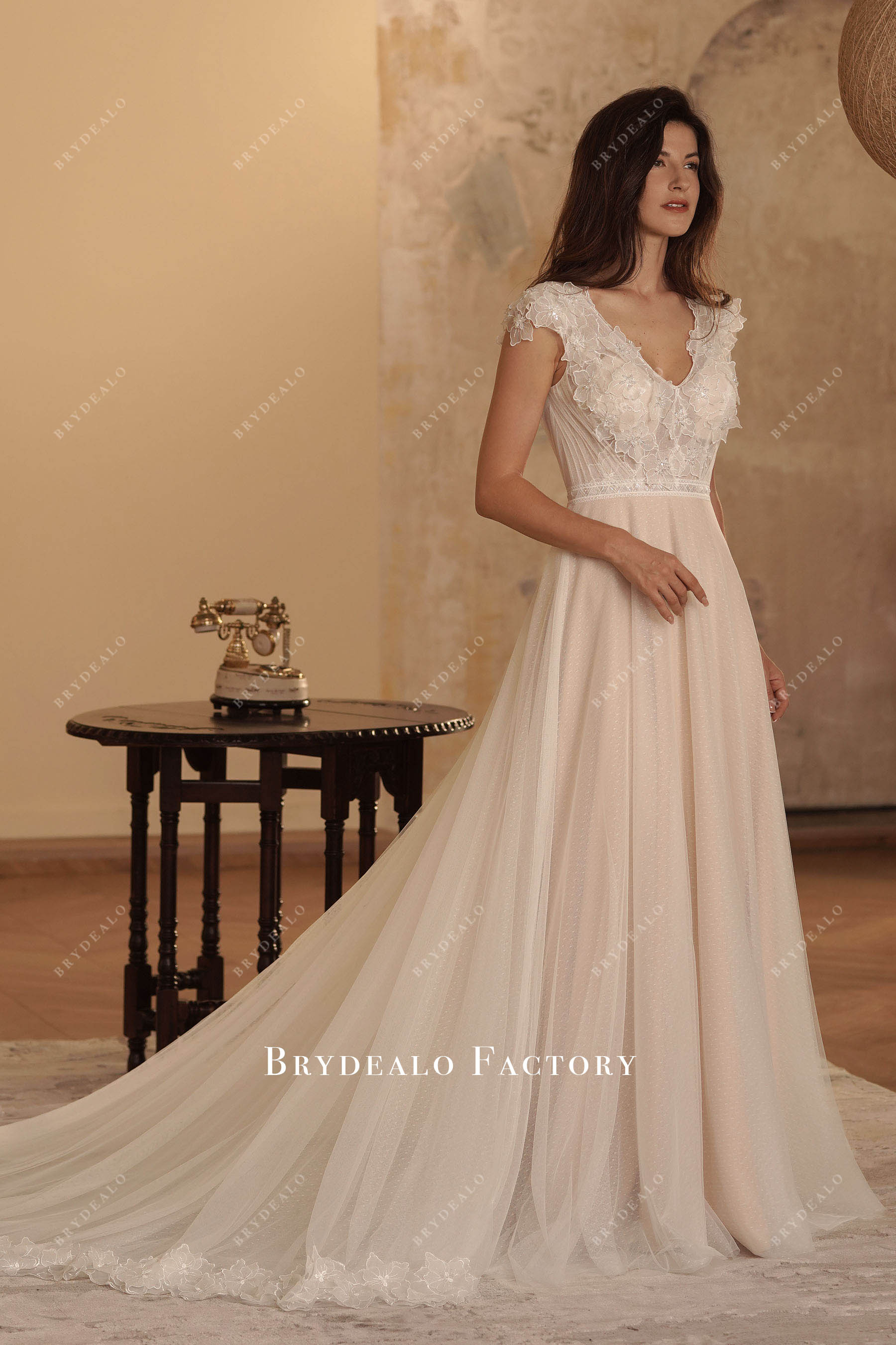 Boho Cap Sleeve Beaded Flower Aline Wedding Dress Boho Cap Sleeve Beaded Flower Aline Wedding Dress