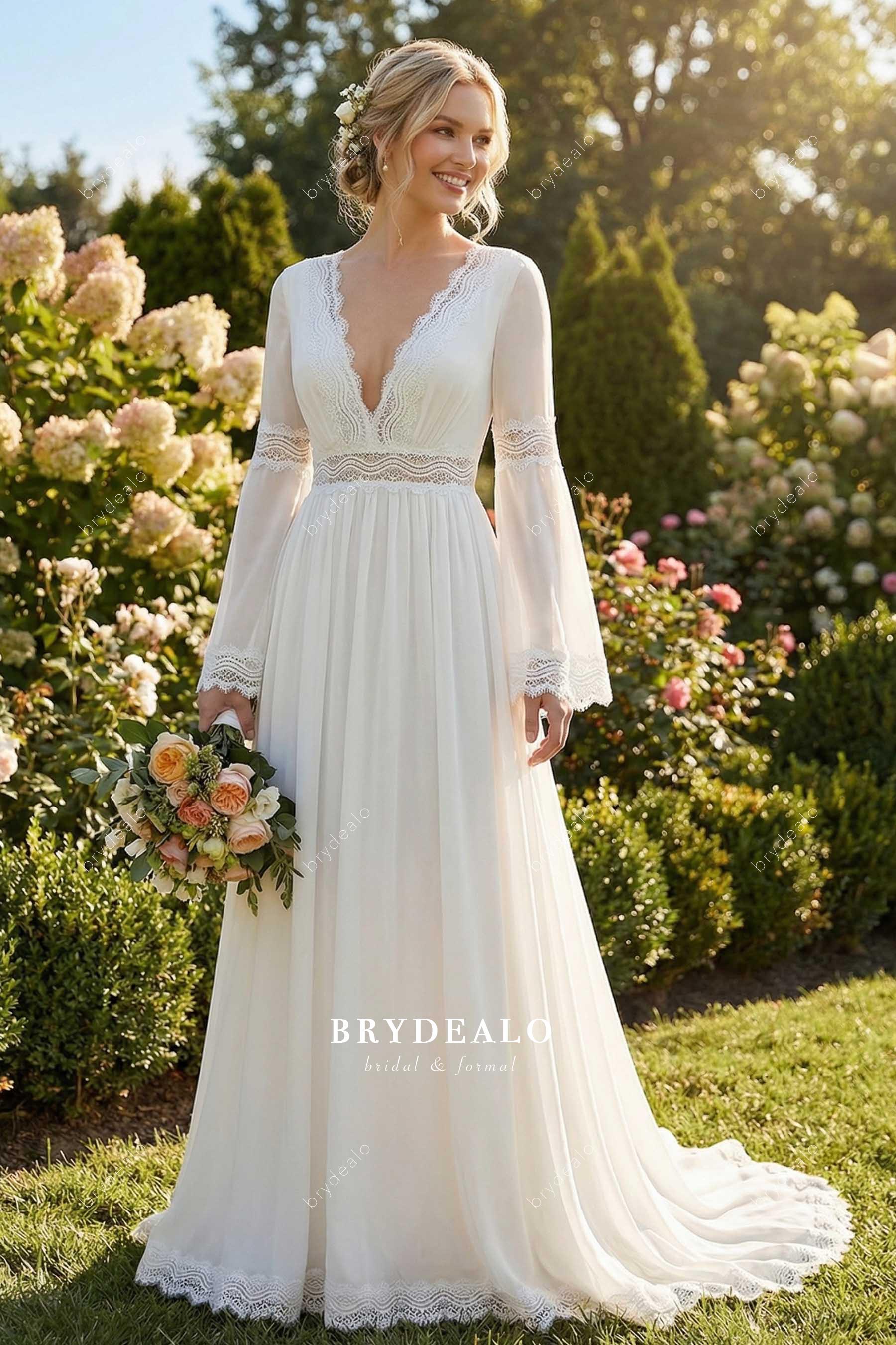 Boho Lace Chiffon Plunging Scalloped Neck A-Line Wedding Dress Boho Lace Chiffon Plunging Scalloped Neck A-Line Wedding Dress