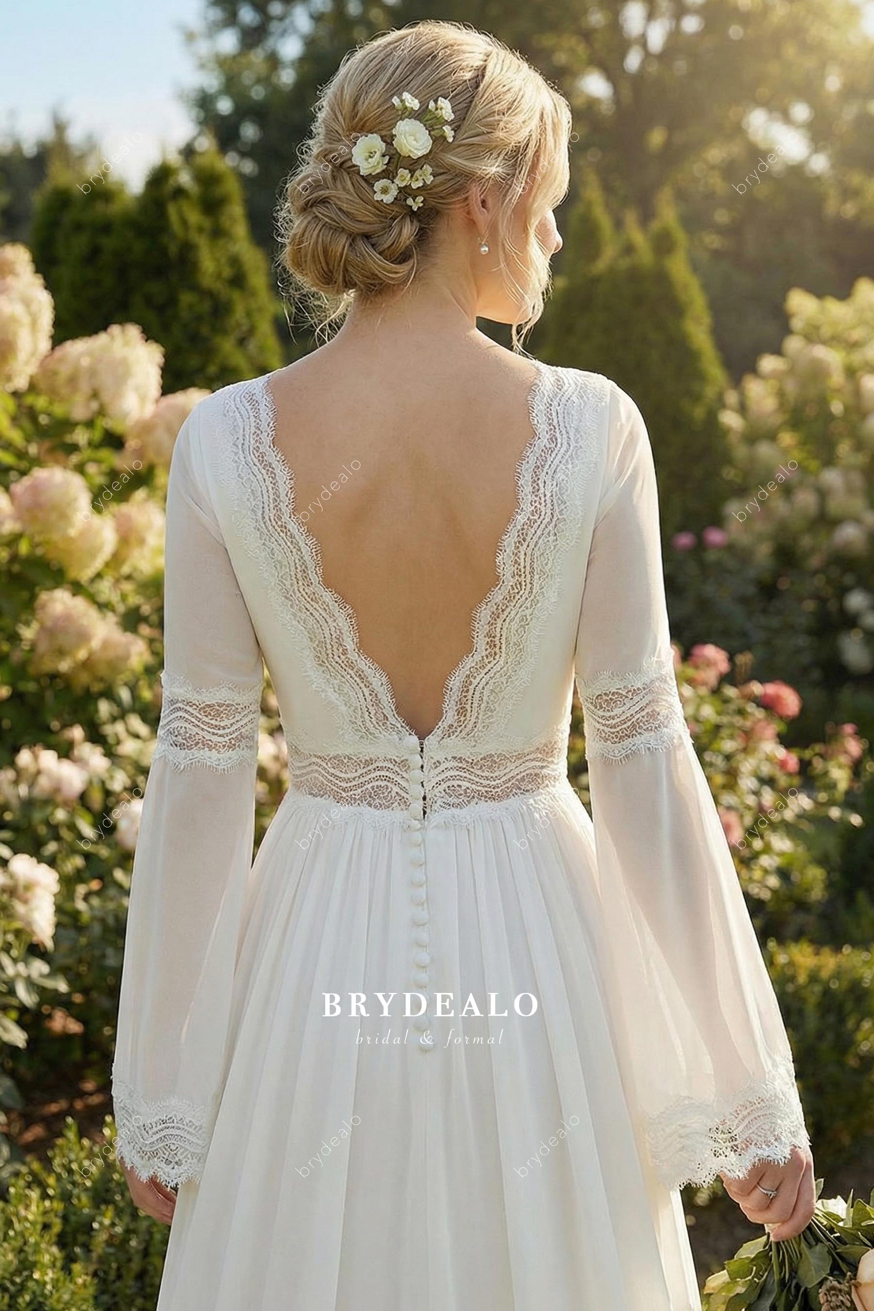 boho illusion sleeves a line bridal dress