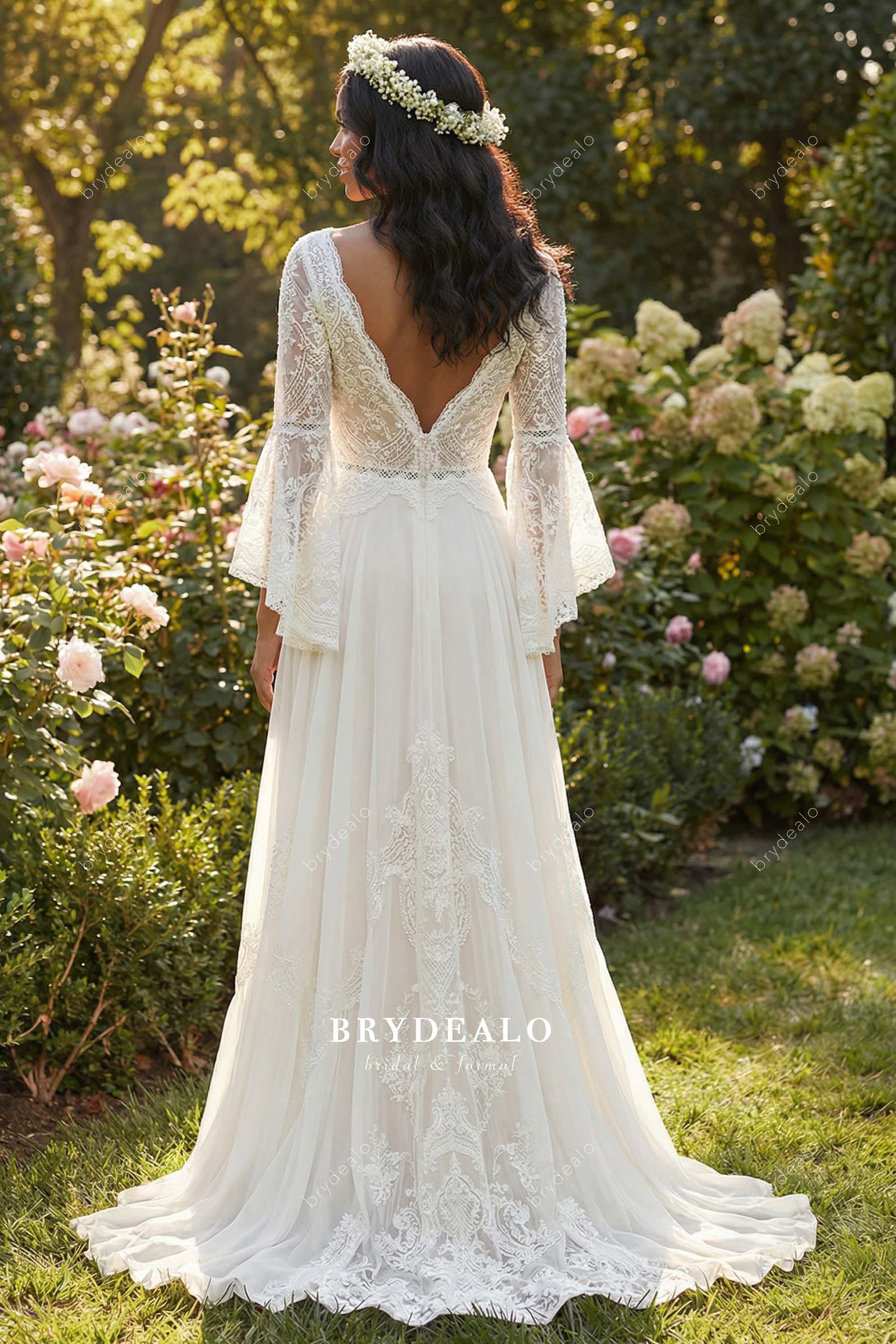 boho lace a line court train bridal dress