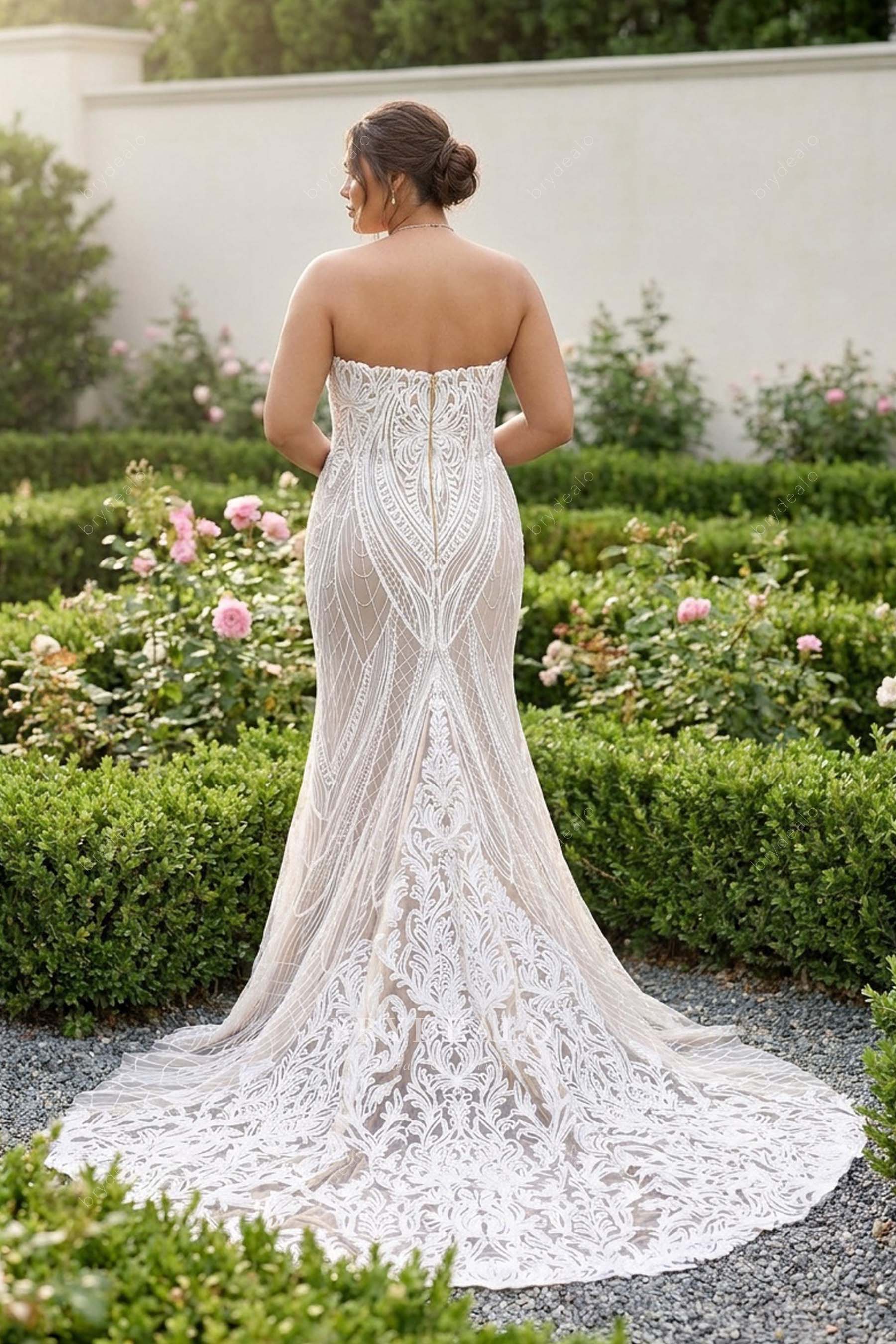 boho lace long strapless wedding dress