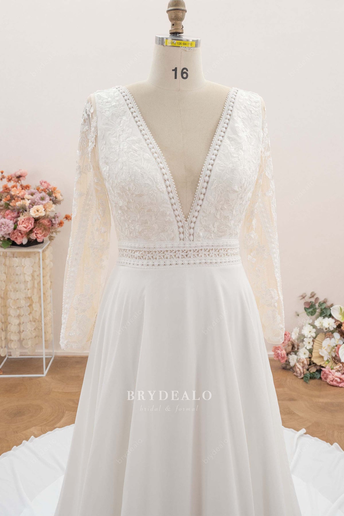 boho plunging lace neck wedding dress