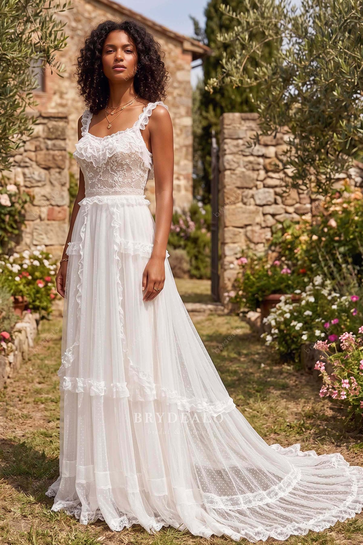 boho ruffled lace wedding dress