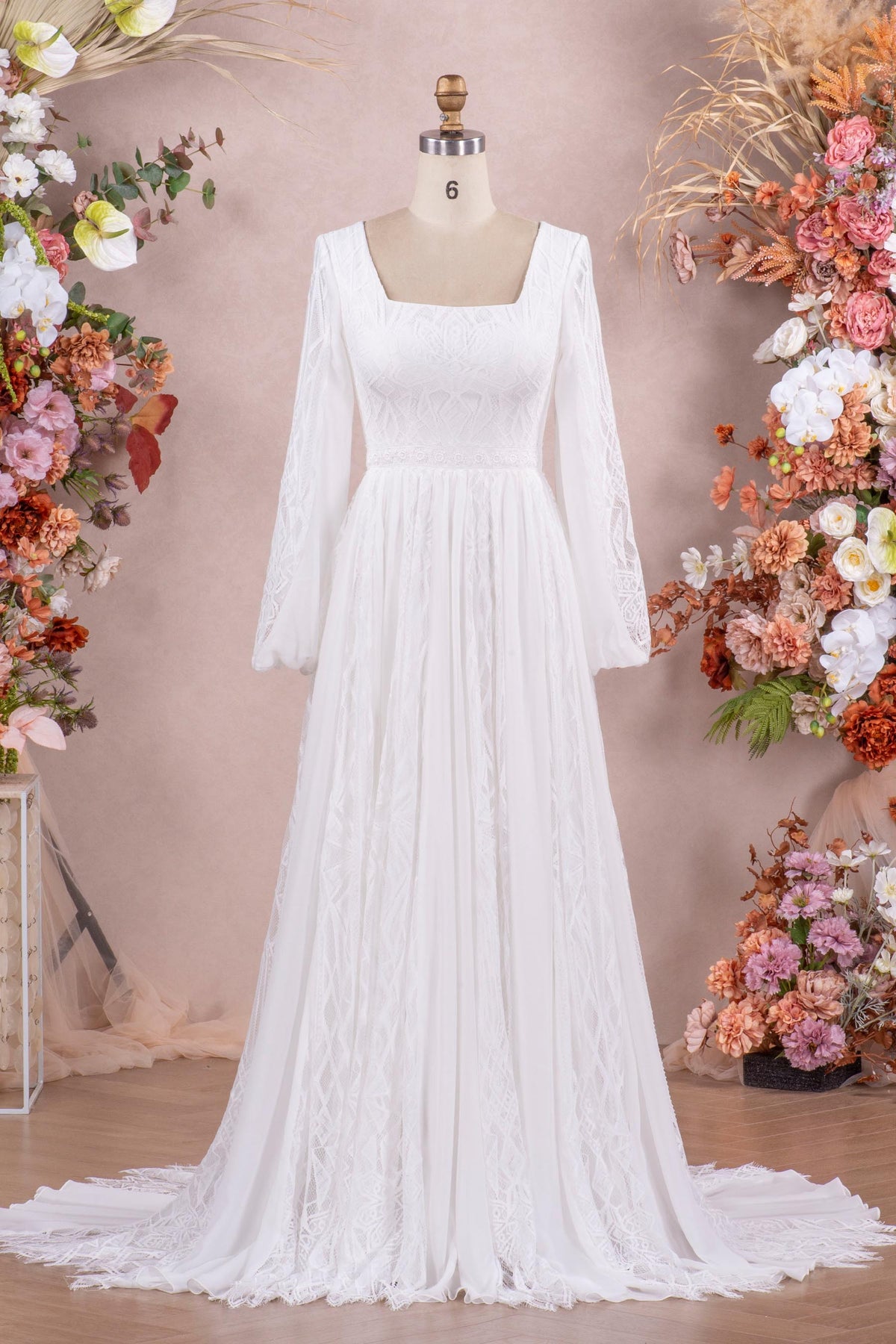 boho square neck bubble sleeve wedding dress