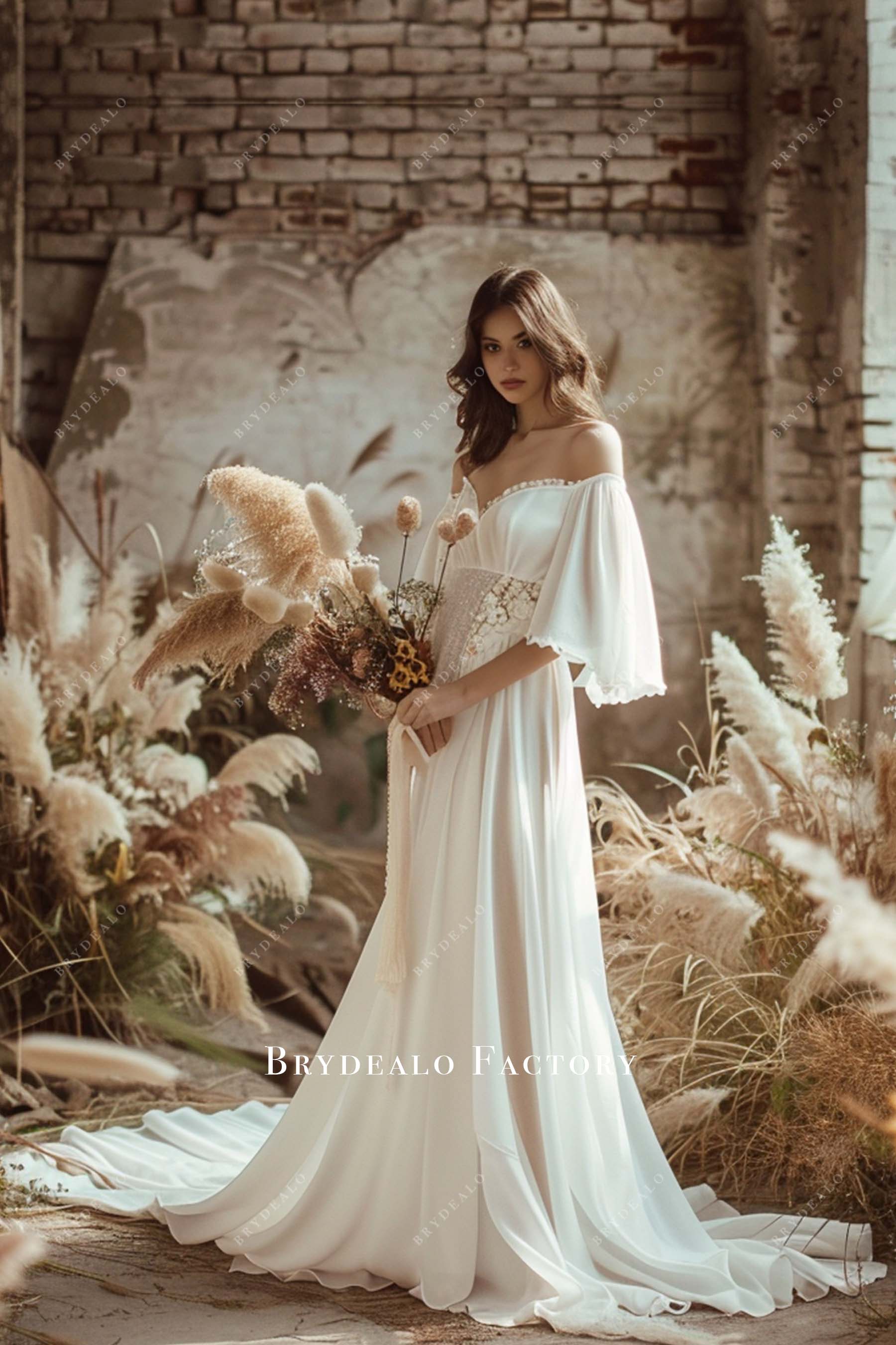 Flowy Chiffon Off Shoulder A-line Beach Wedding Dress