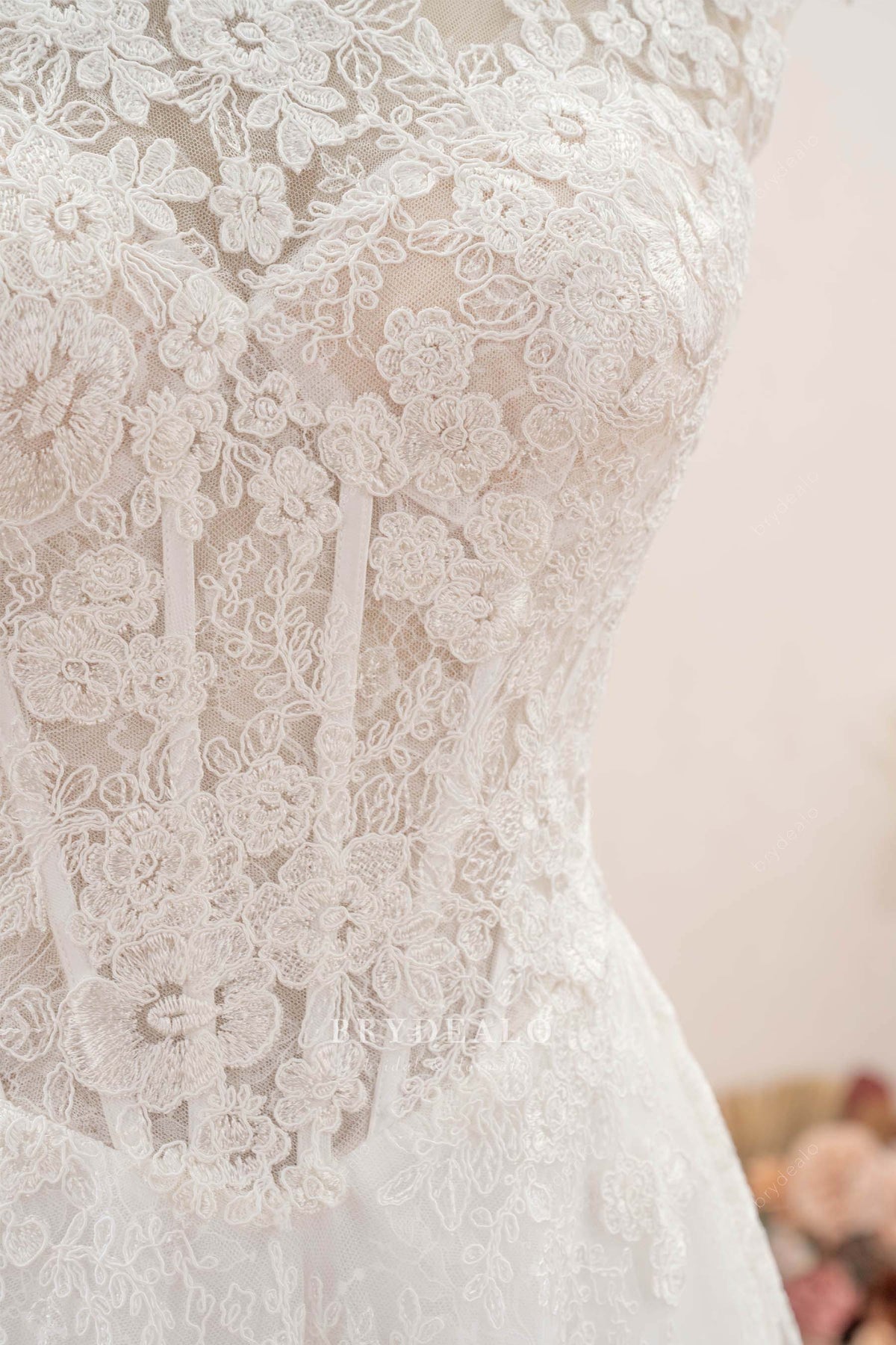 boned basque waist lace wedding dress