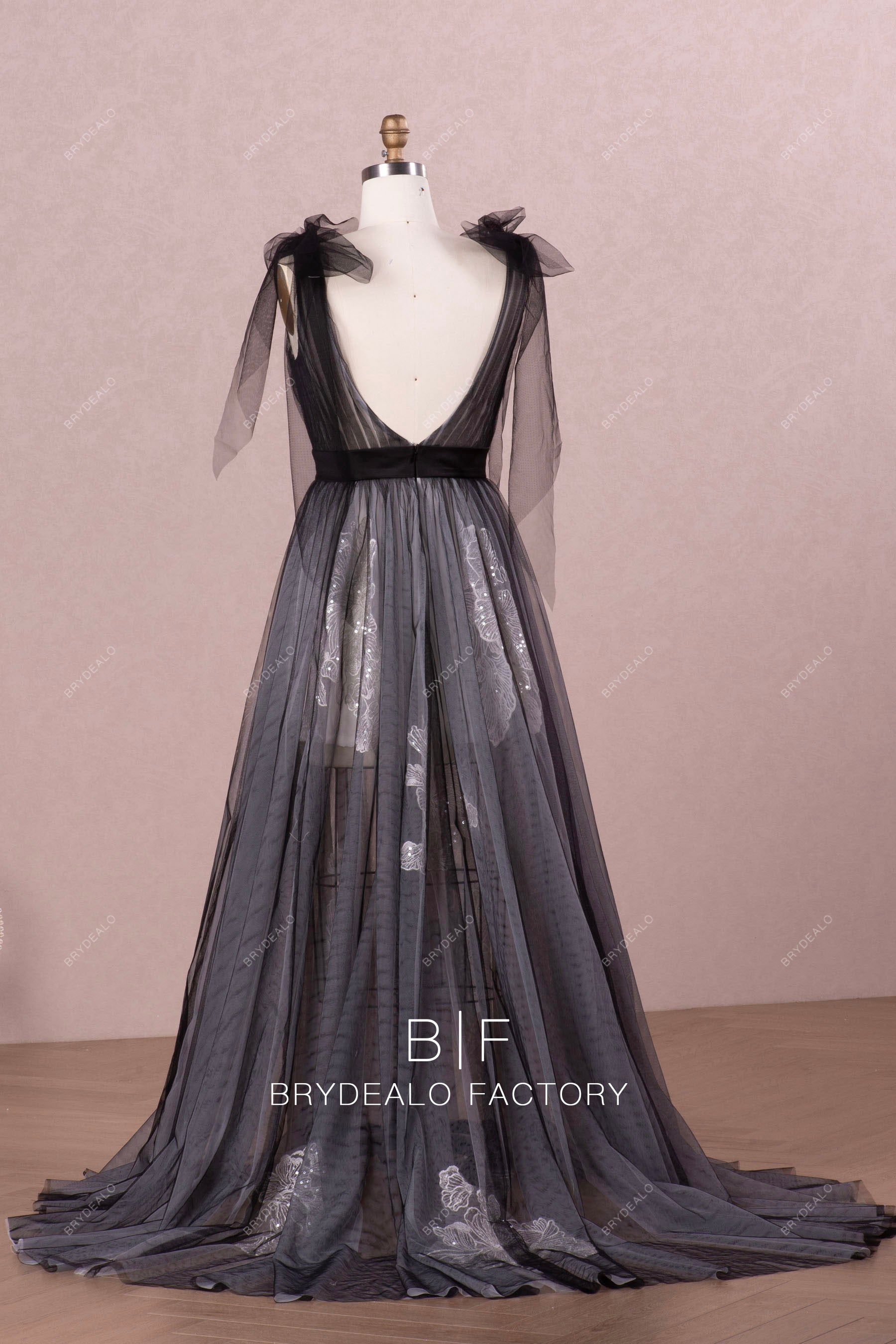 bow shoulder open back wedding dress