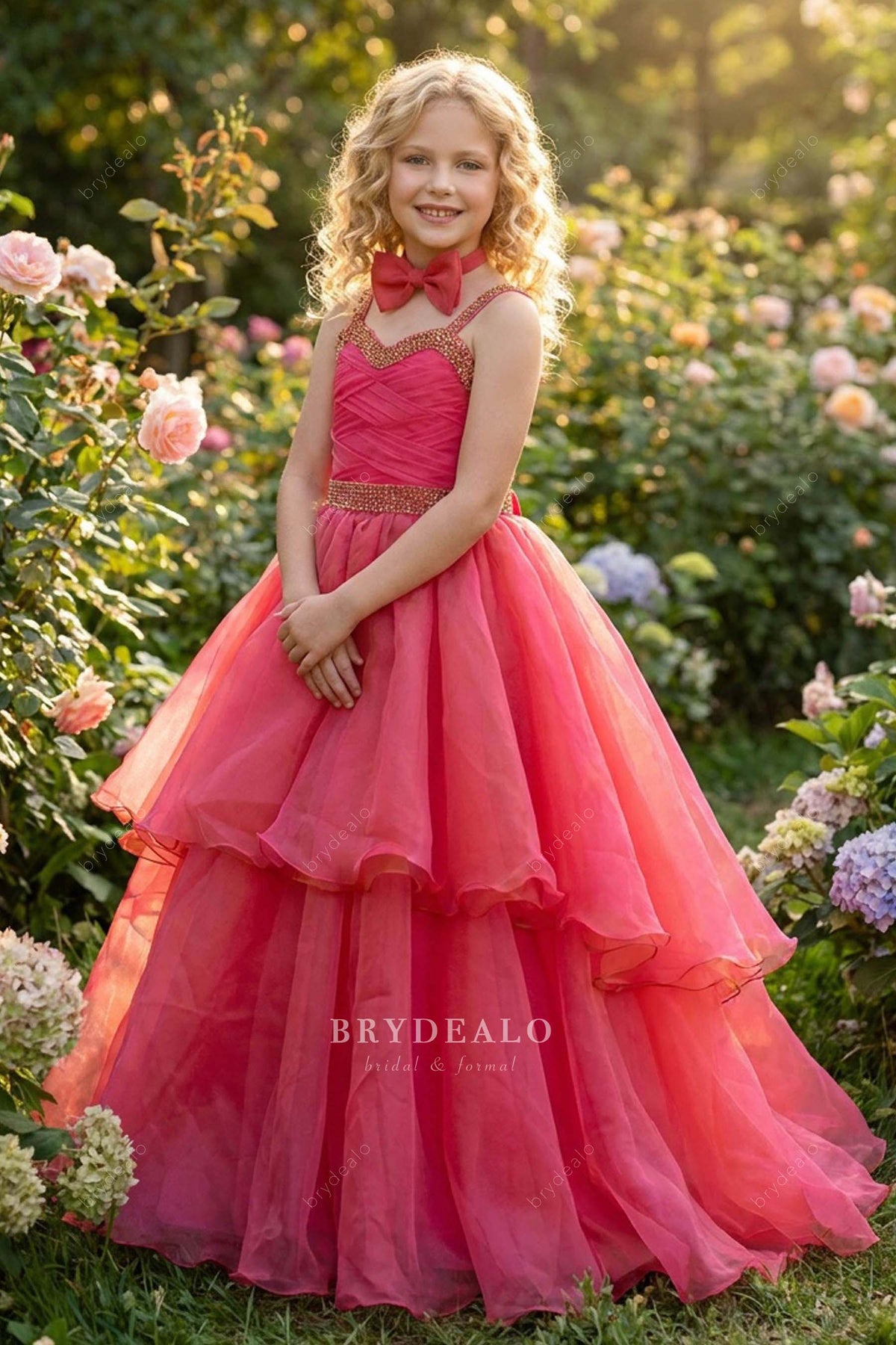 Fuchsia Rhinestone Sweetheart Neck Tiered Organza Kids Pageant Ball Go