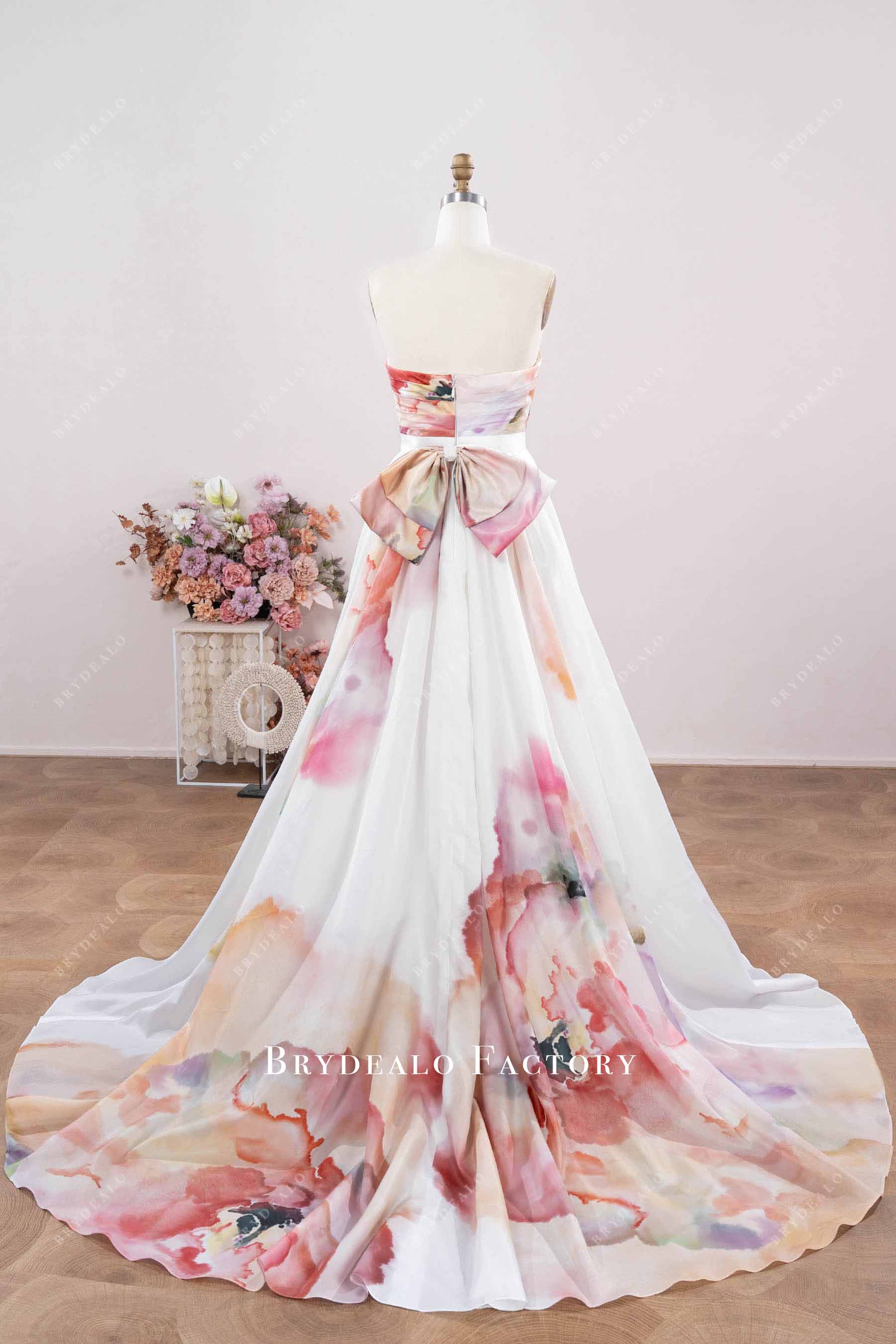 bowknot back long floral wedding dress
