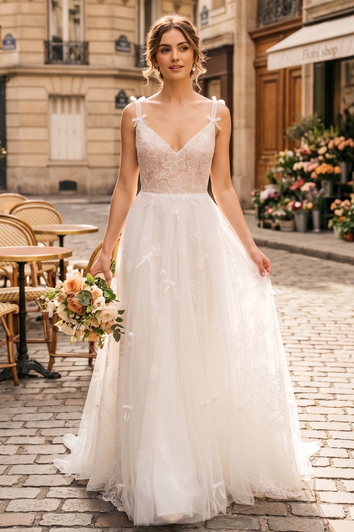 bowknot strap lace wedding dress