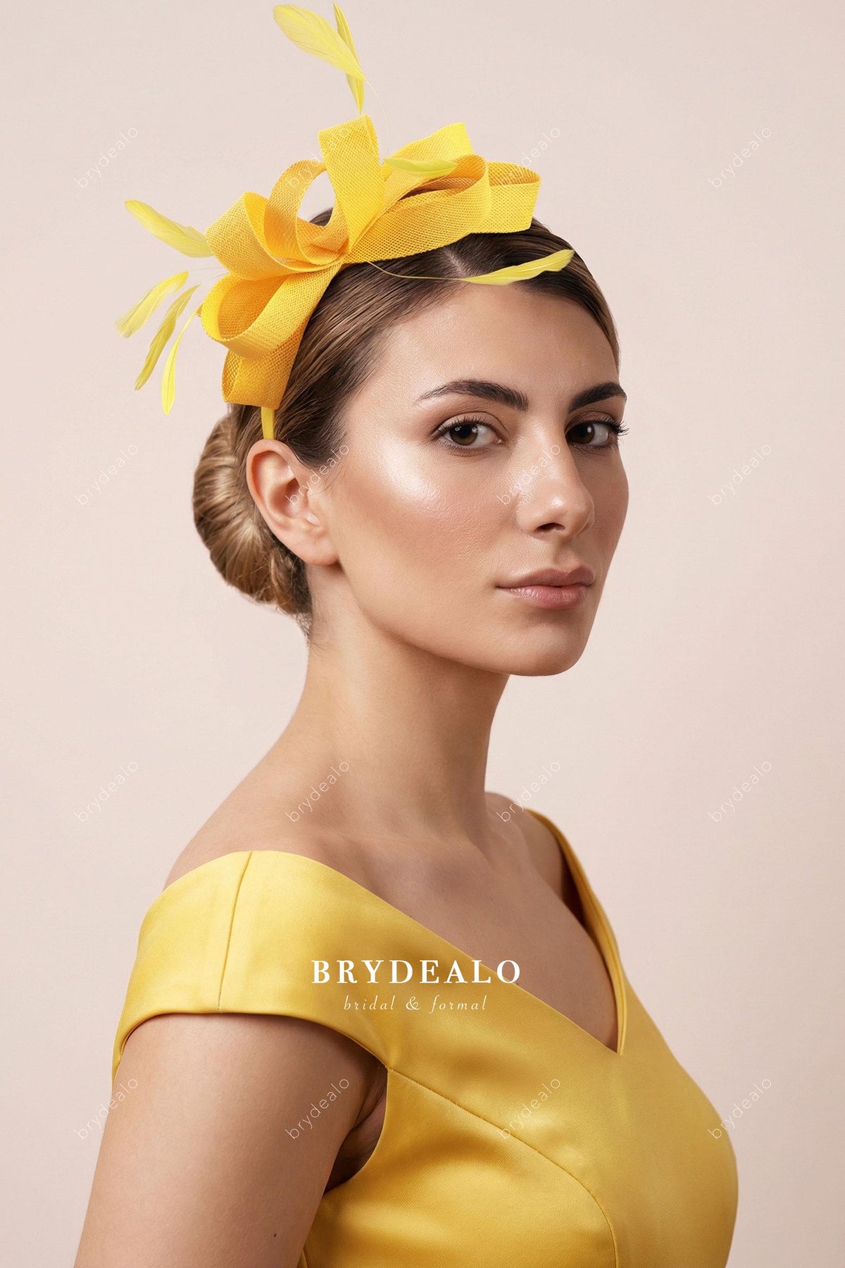 Yellow Faux Linen Feather Headband Fascinator display picture 1