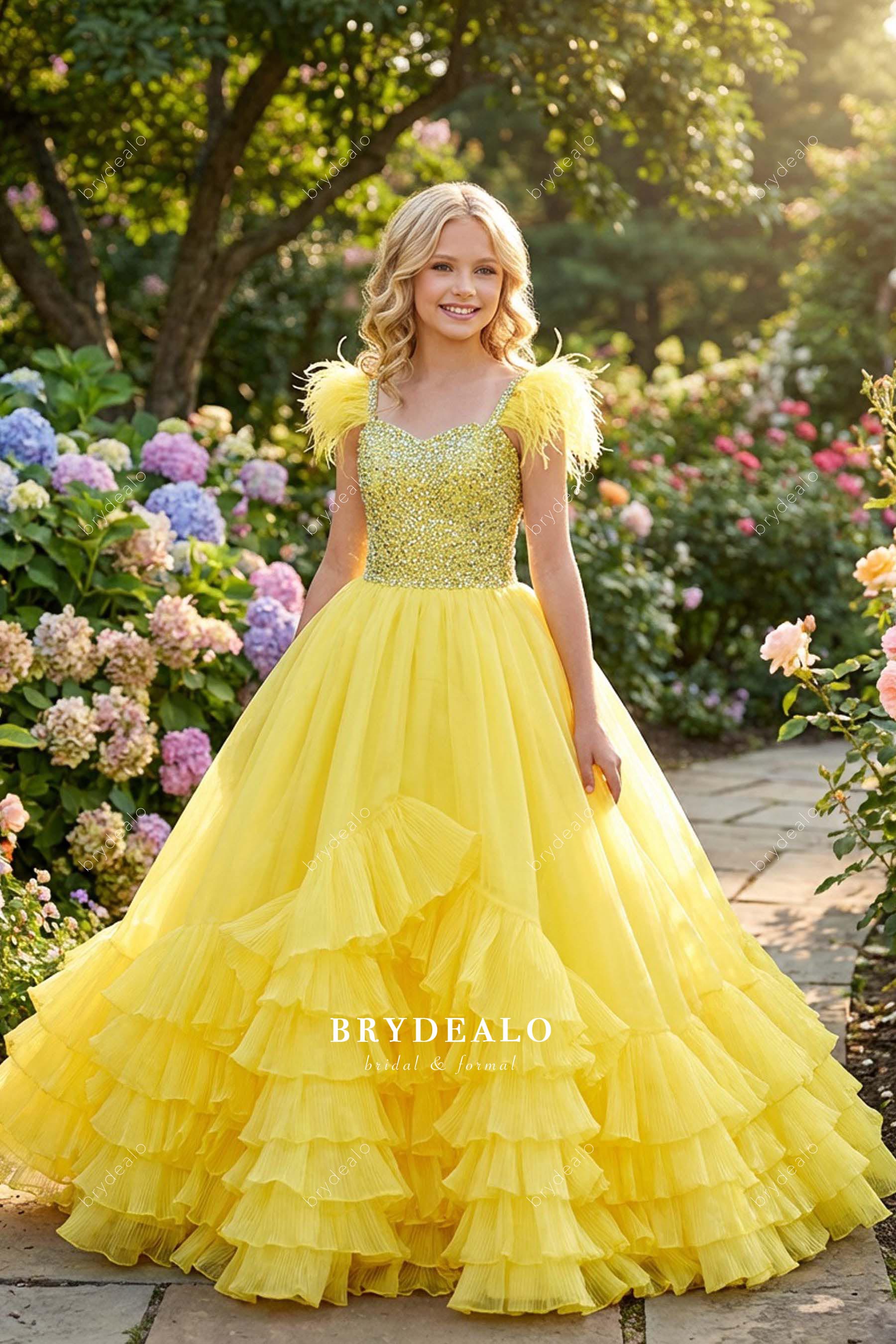 Yellow Feather Straps Rhinestone Tiered Junior Pageant Gown