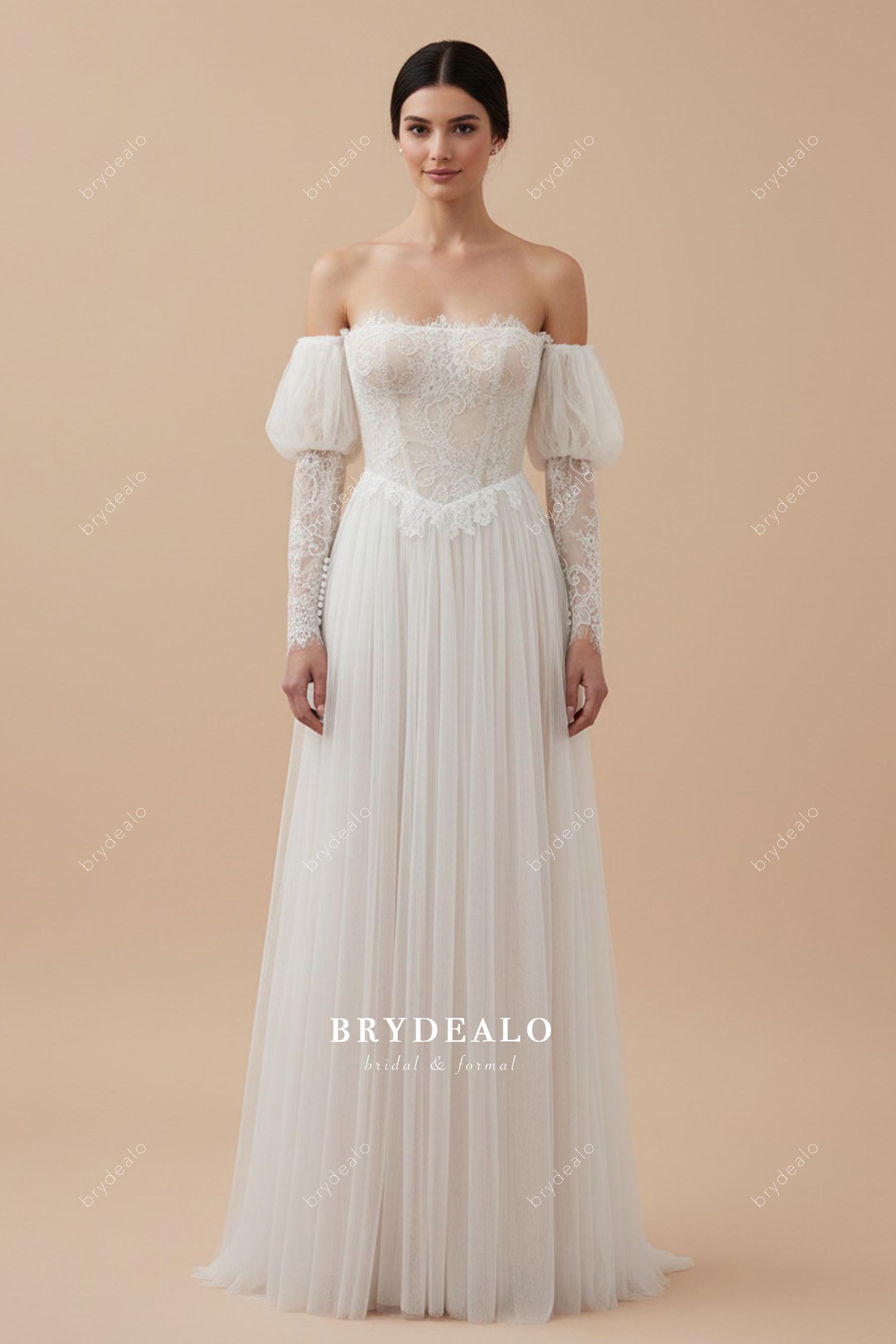 Boho Bubble Sleeve Basque Waist Lace Wedding Dress Nude Beige Boho Bubble Sleeve Basque Waist Lace Wedding Dress Nude Beige