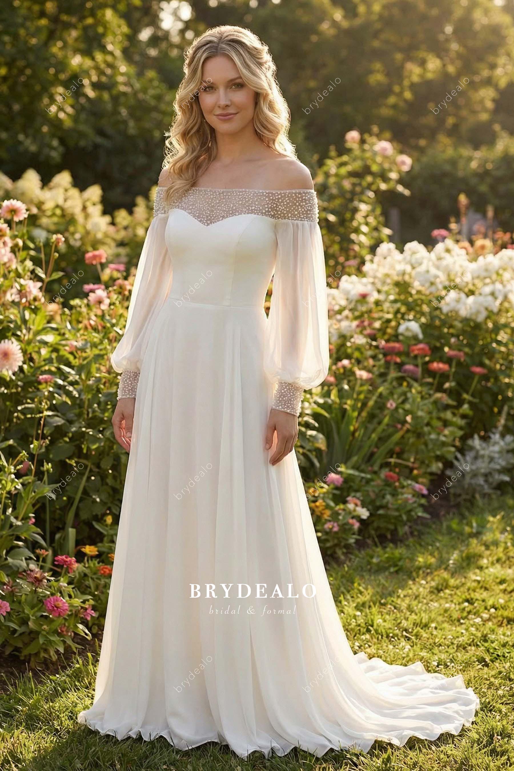 bubble sleeve chiffon wedding dress