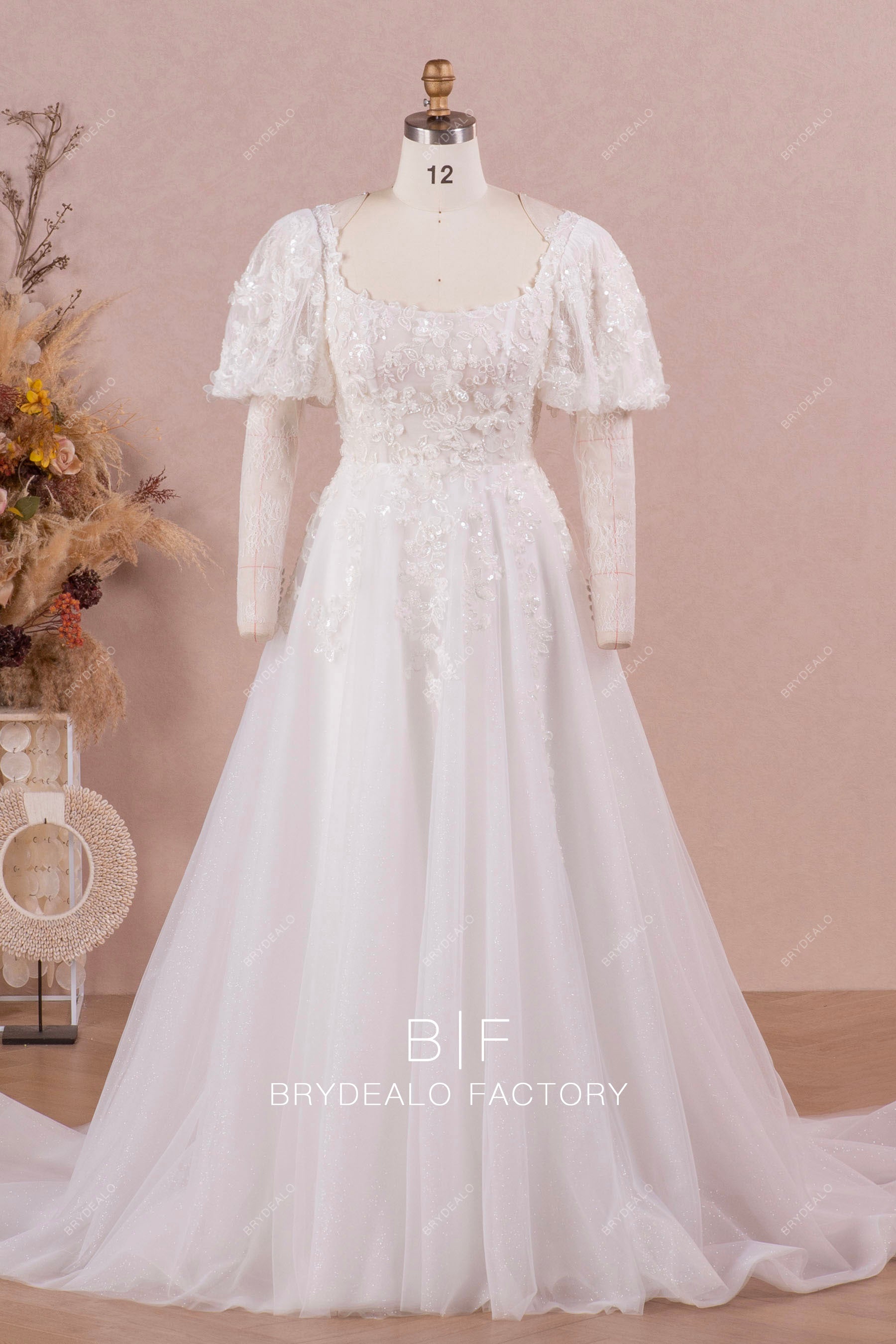 Private Label Beaded Lace Puffy Sleeves Custom Wedding Ball Gown