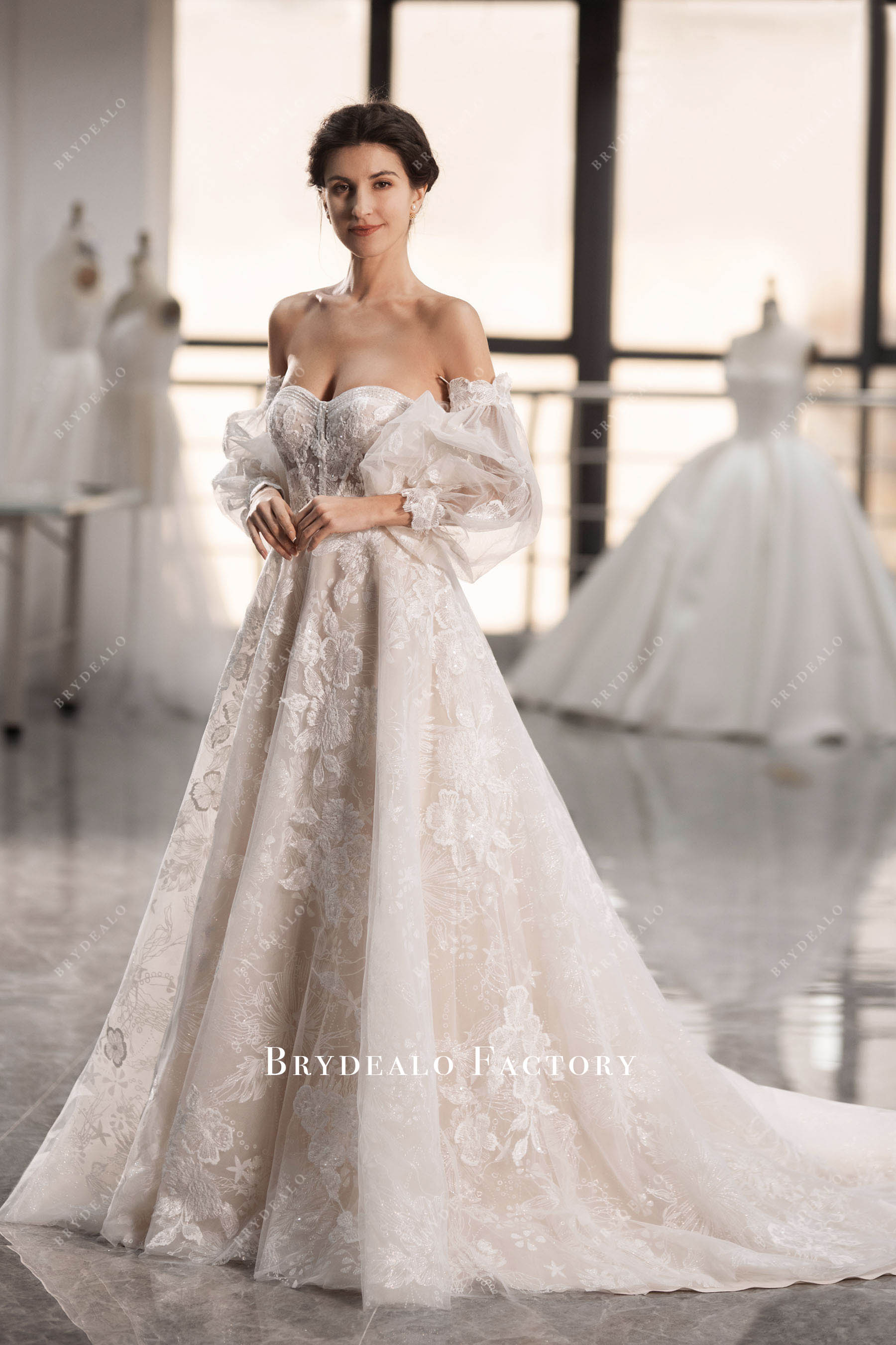 bubble sleeve flower lace Aline wedding dress