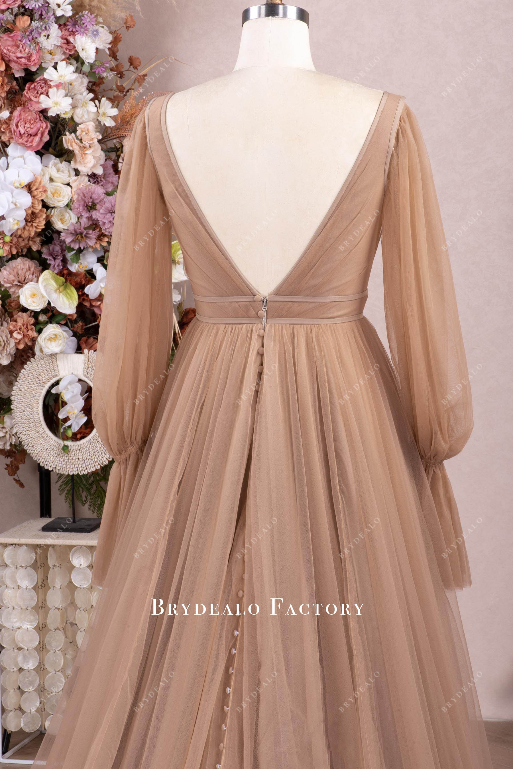 bubble sleeve open back wedding dress