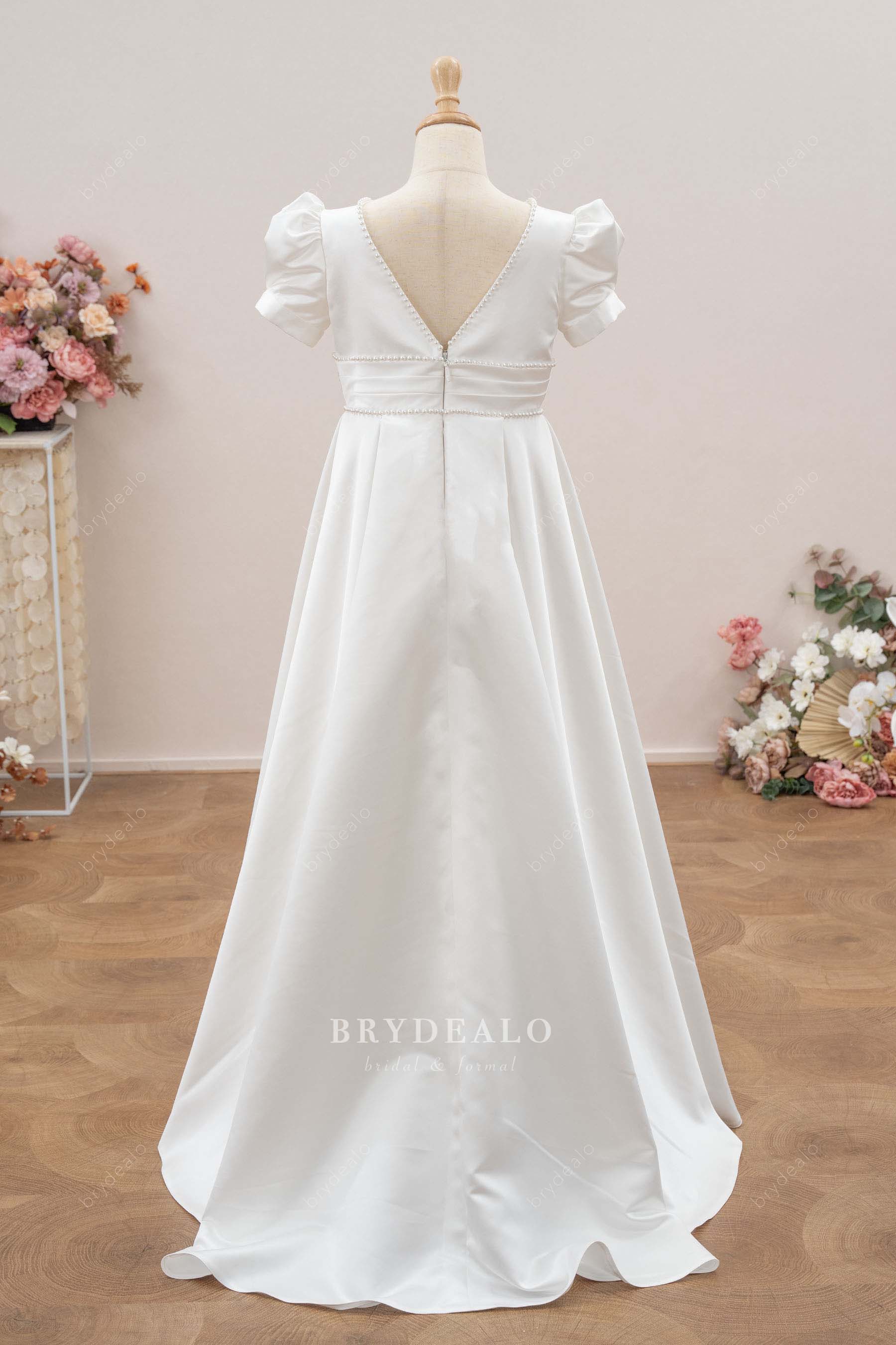 bubble sleeve pearl satin flower girl dress