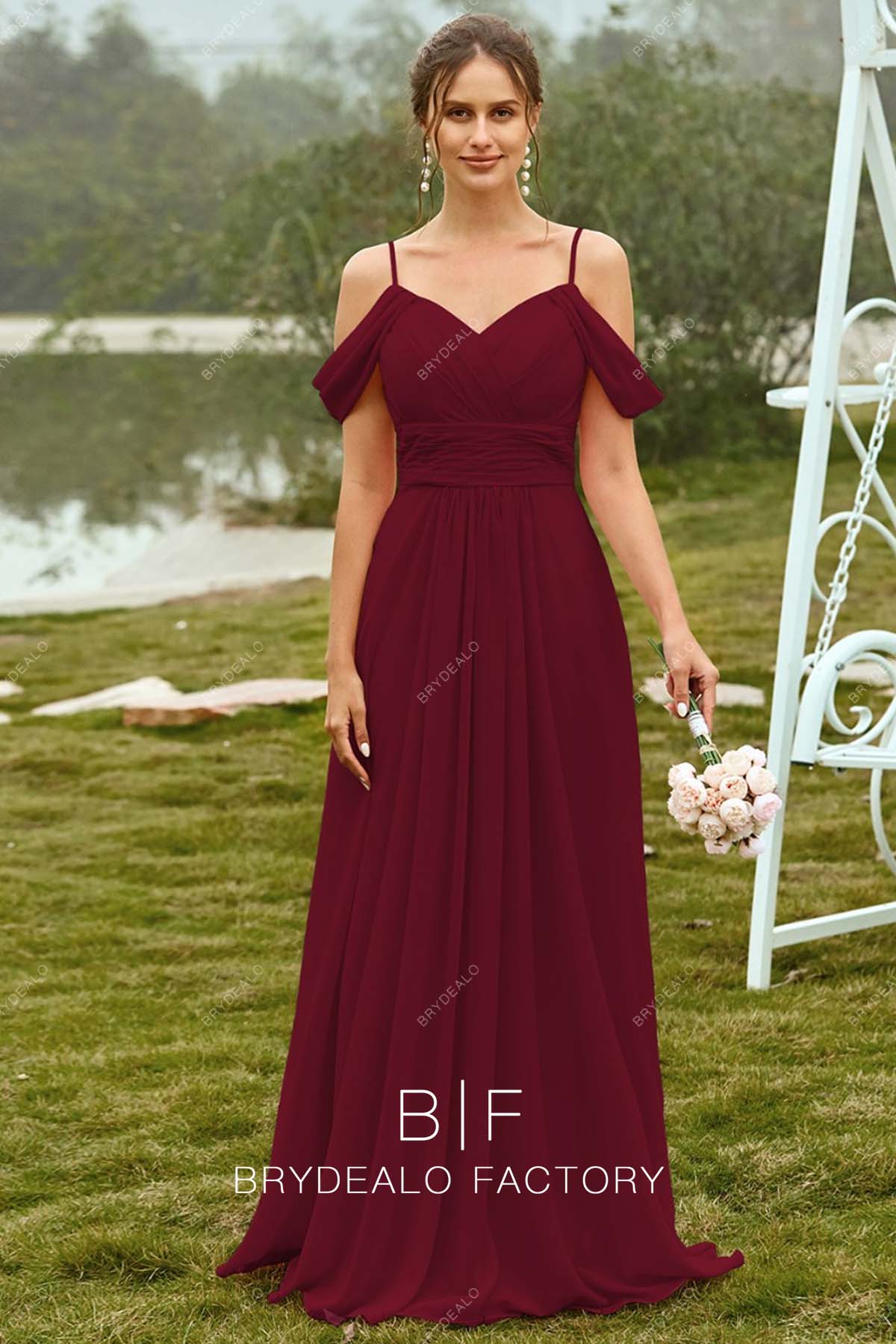 Burgundy Cold Shoulder Chiffon Slit Floor Length Bridesmaid Gown 