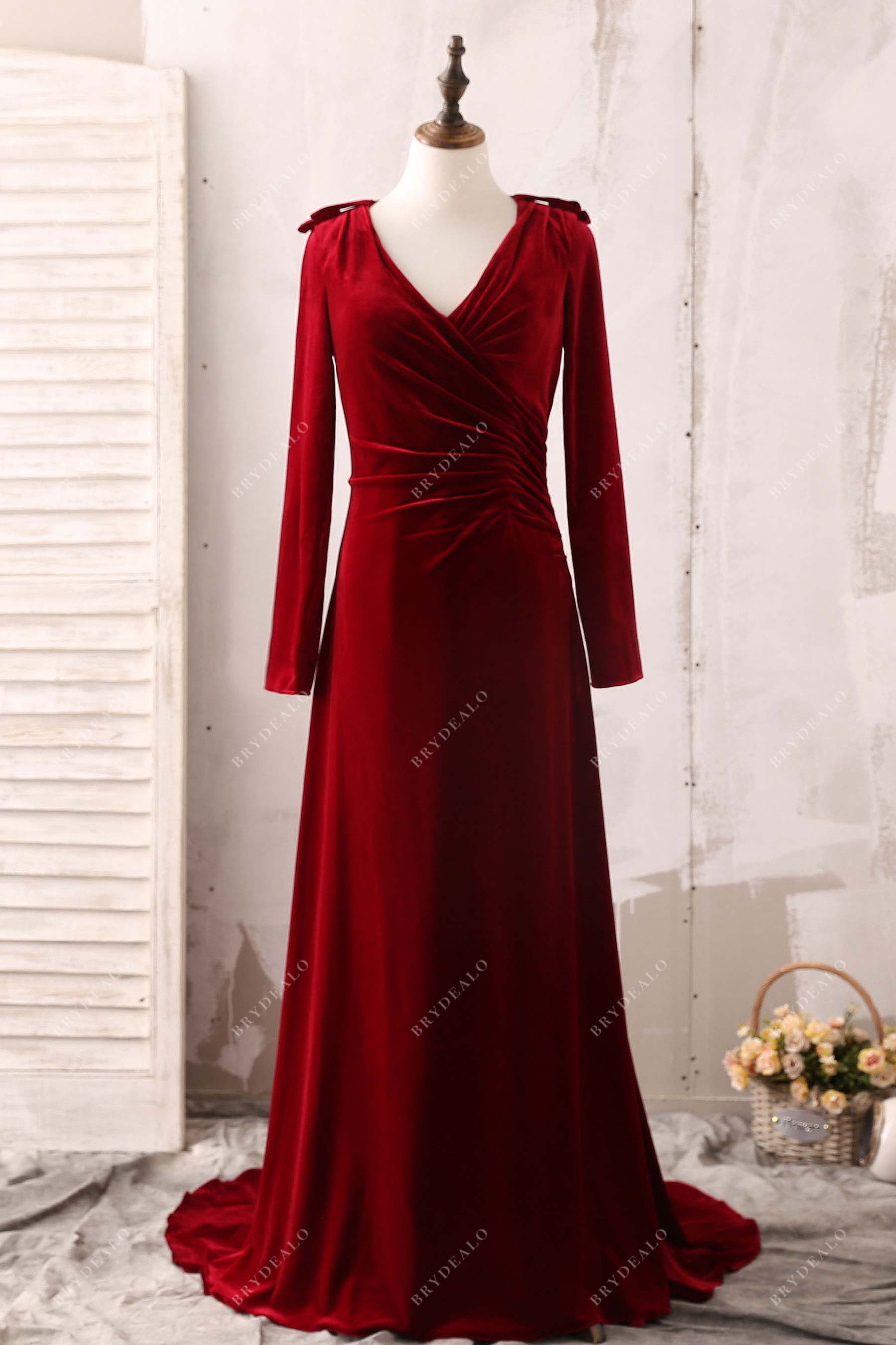 Luxury Red Velvet Long Sleeve Bridesmaid Dress