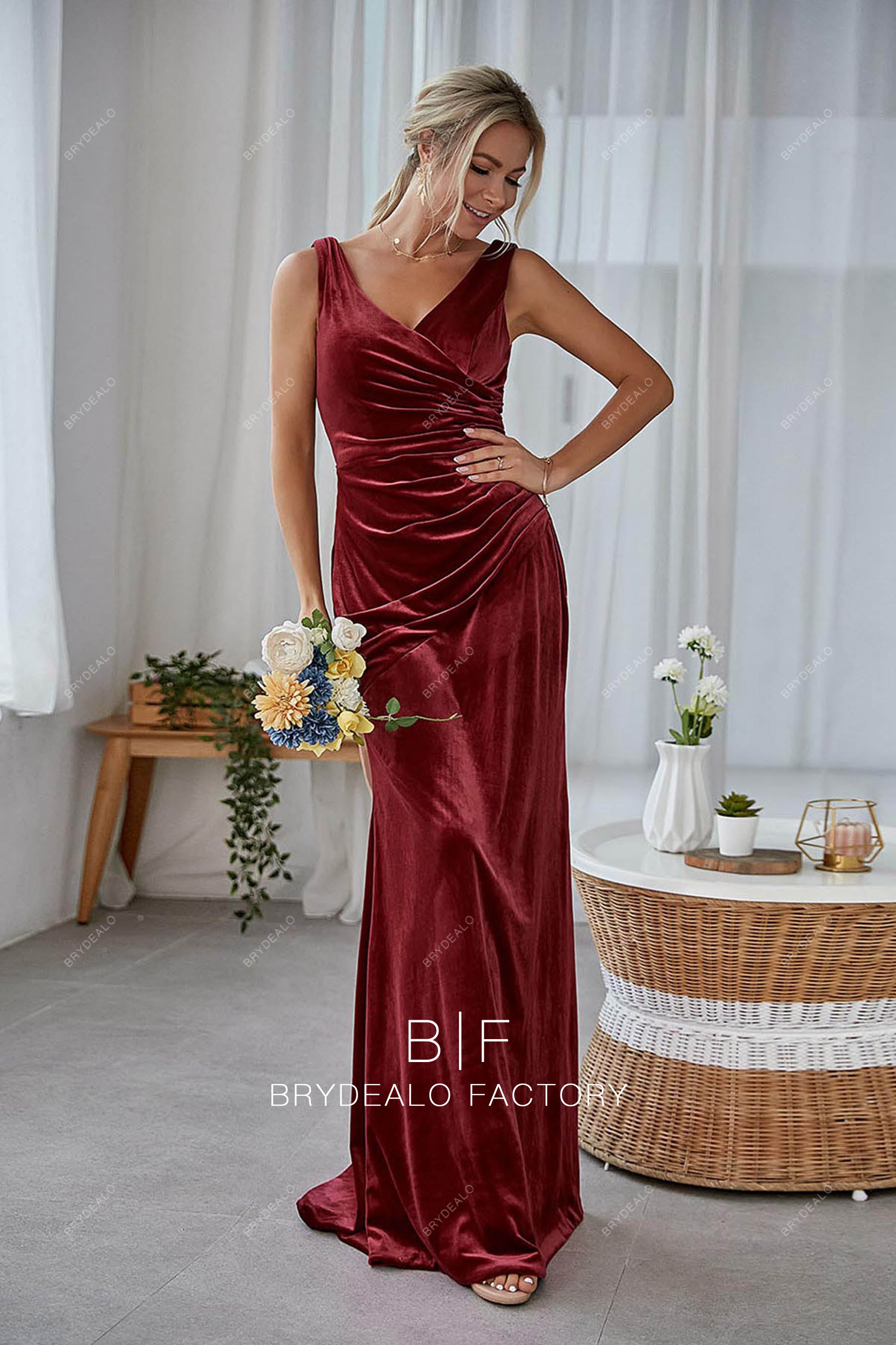 burgundy velvet V-neck bridesmaid dress