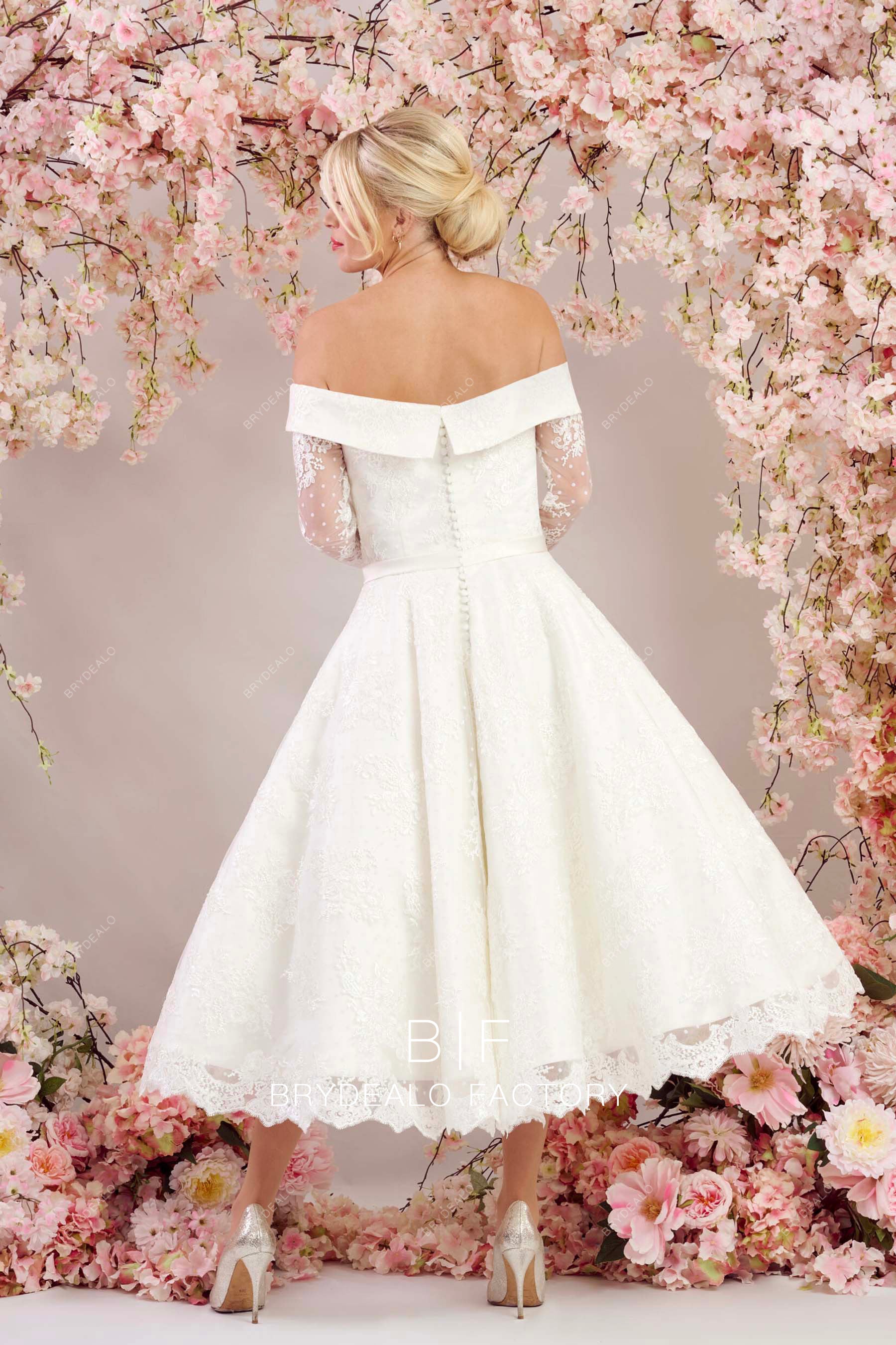 buttoned back short lace wedding dress