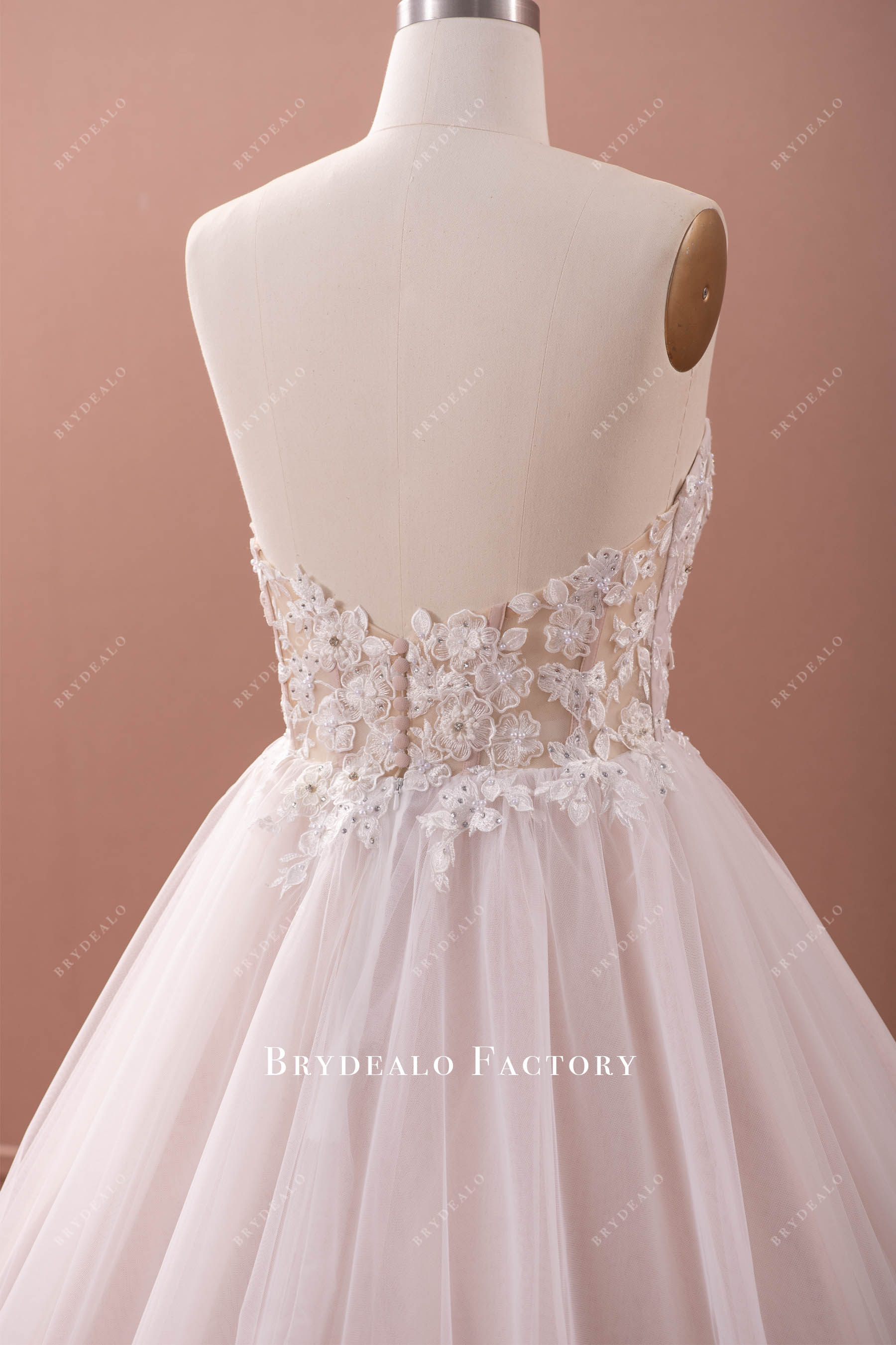 buttoned back strapless wedding dress