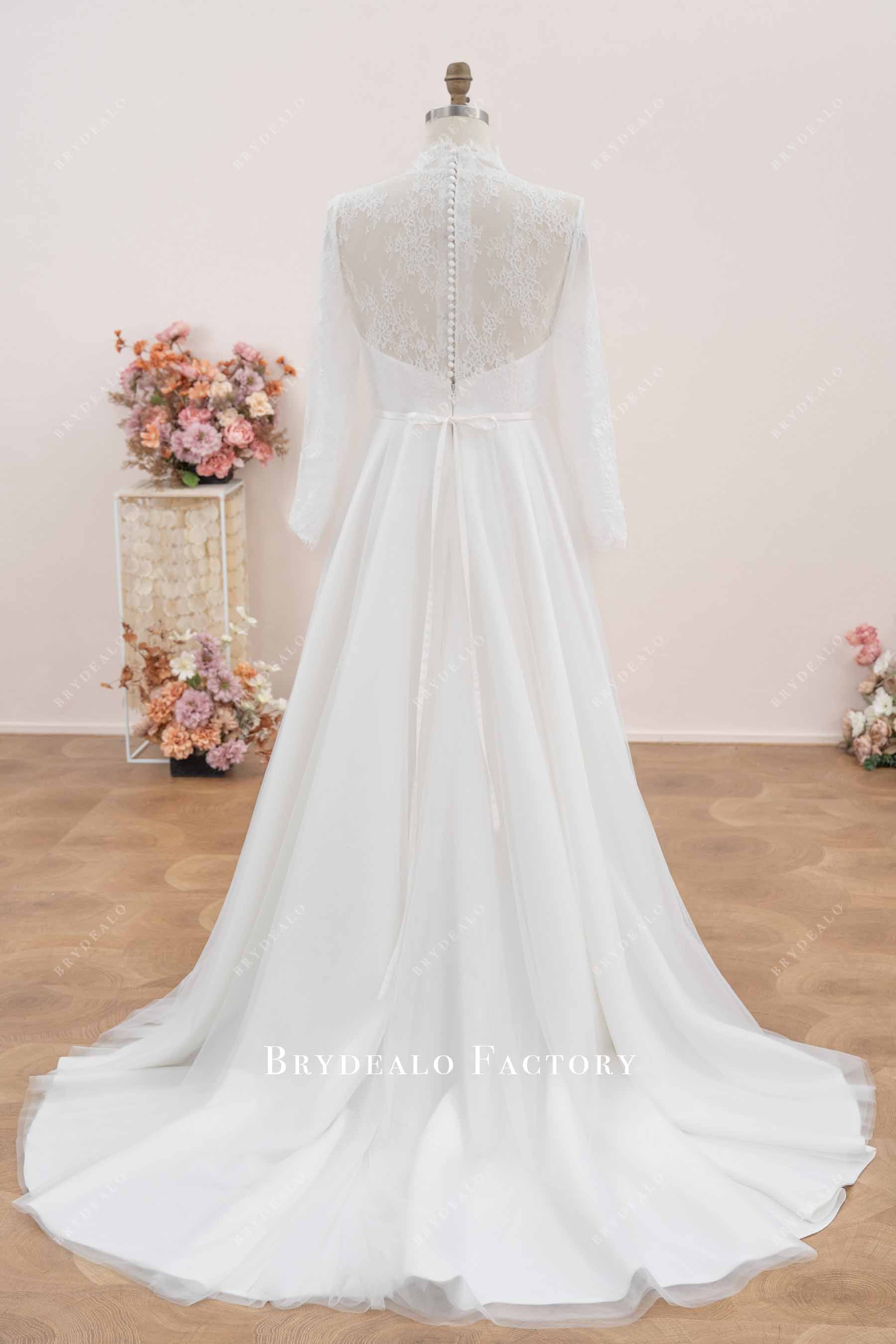 buttoned lace back long wedding dress