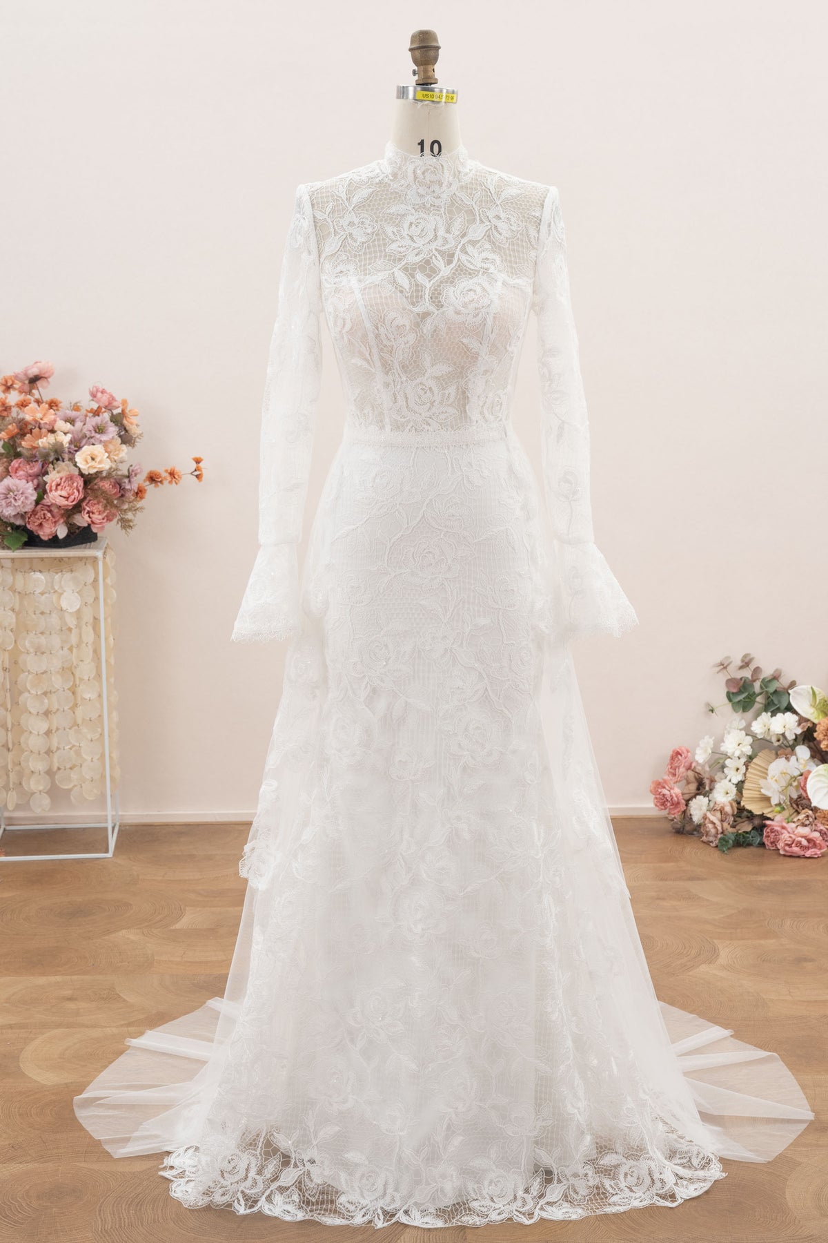 buttoned overskirt lace wedding dress
