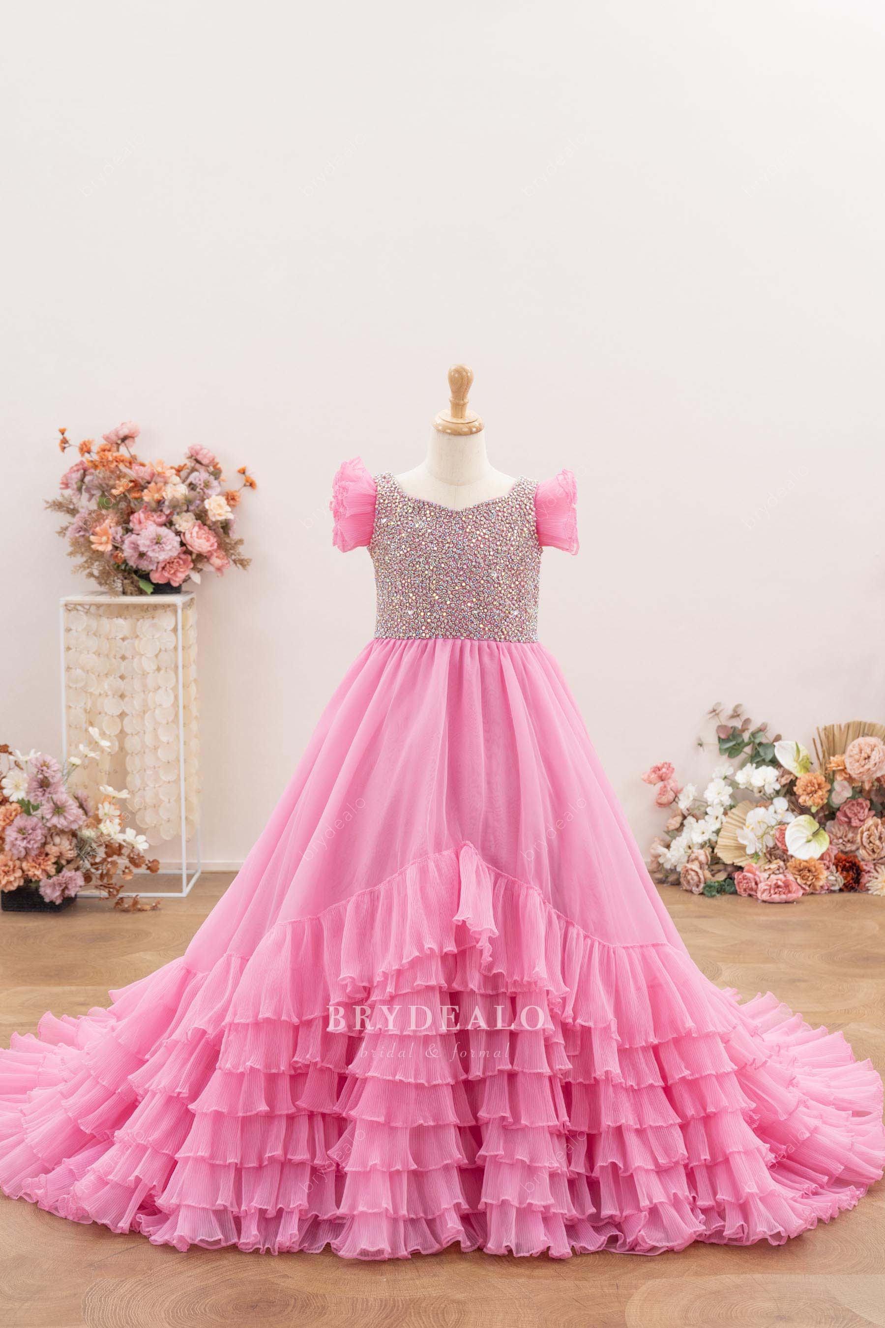 candy pink tiered organza junior pageant gown